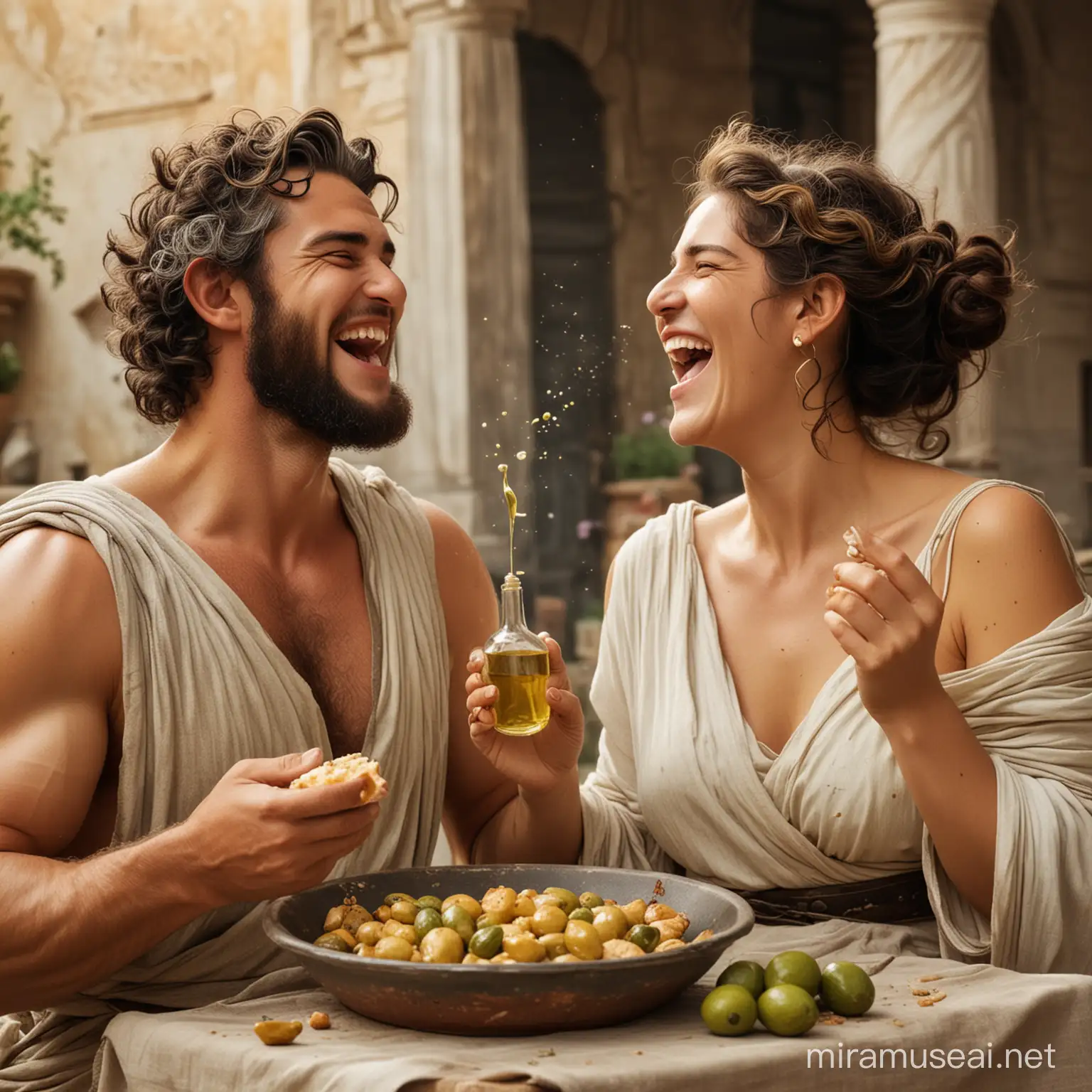 Zeus and Hera laughing with olive oil and food in their hands