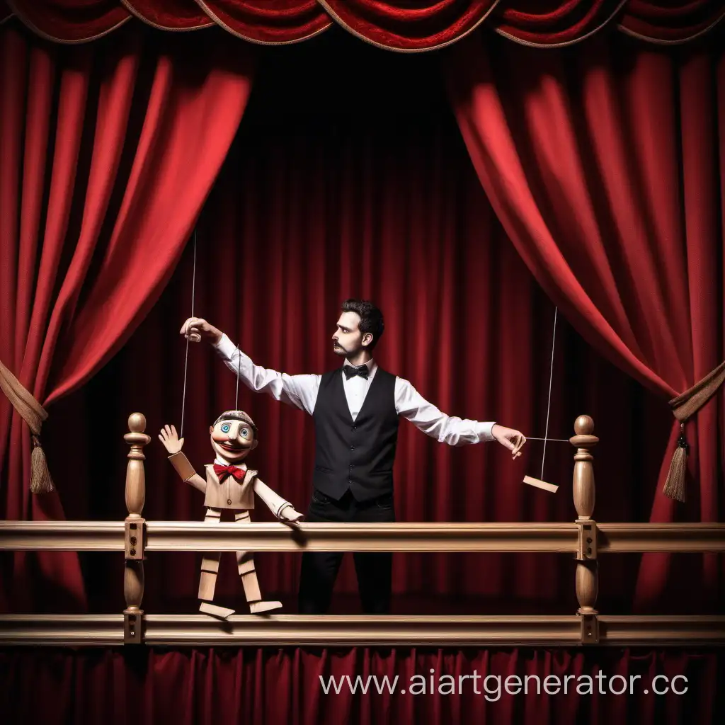 Кукловод  мужчина, управляет  деревянной марионеткой , на фоне красные шторы большого театра, высокое качество, высокая детализация, красиво