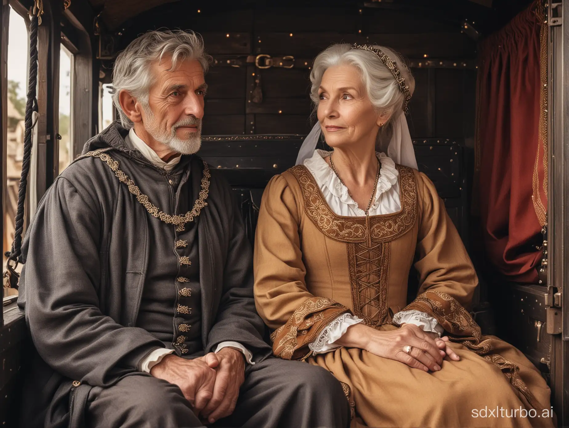 Medieval-Elderly-Couple-in-Loving-Embrace-Inside-Covered-Stagecoach