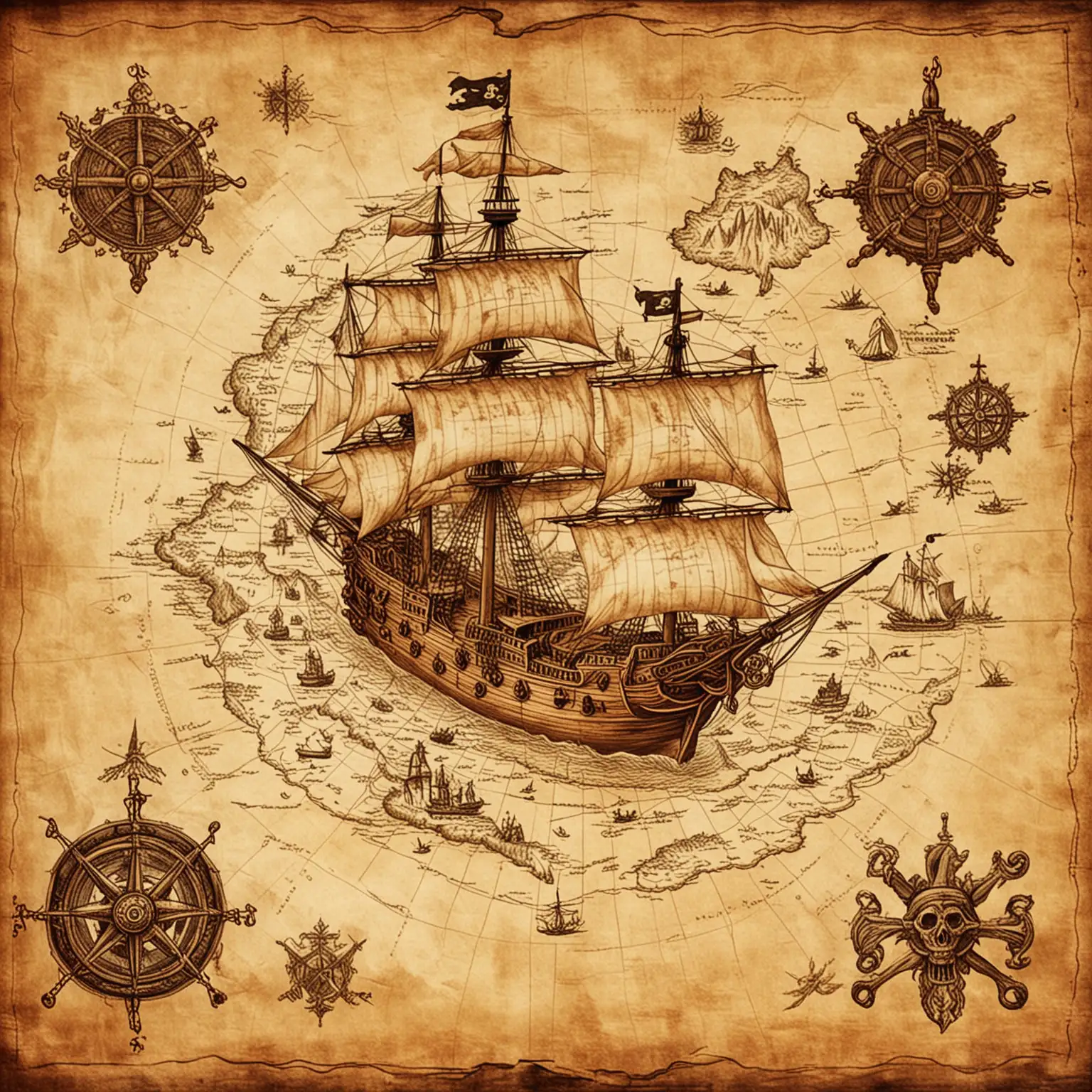 an old pirate  map with a pirate ship on it 