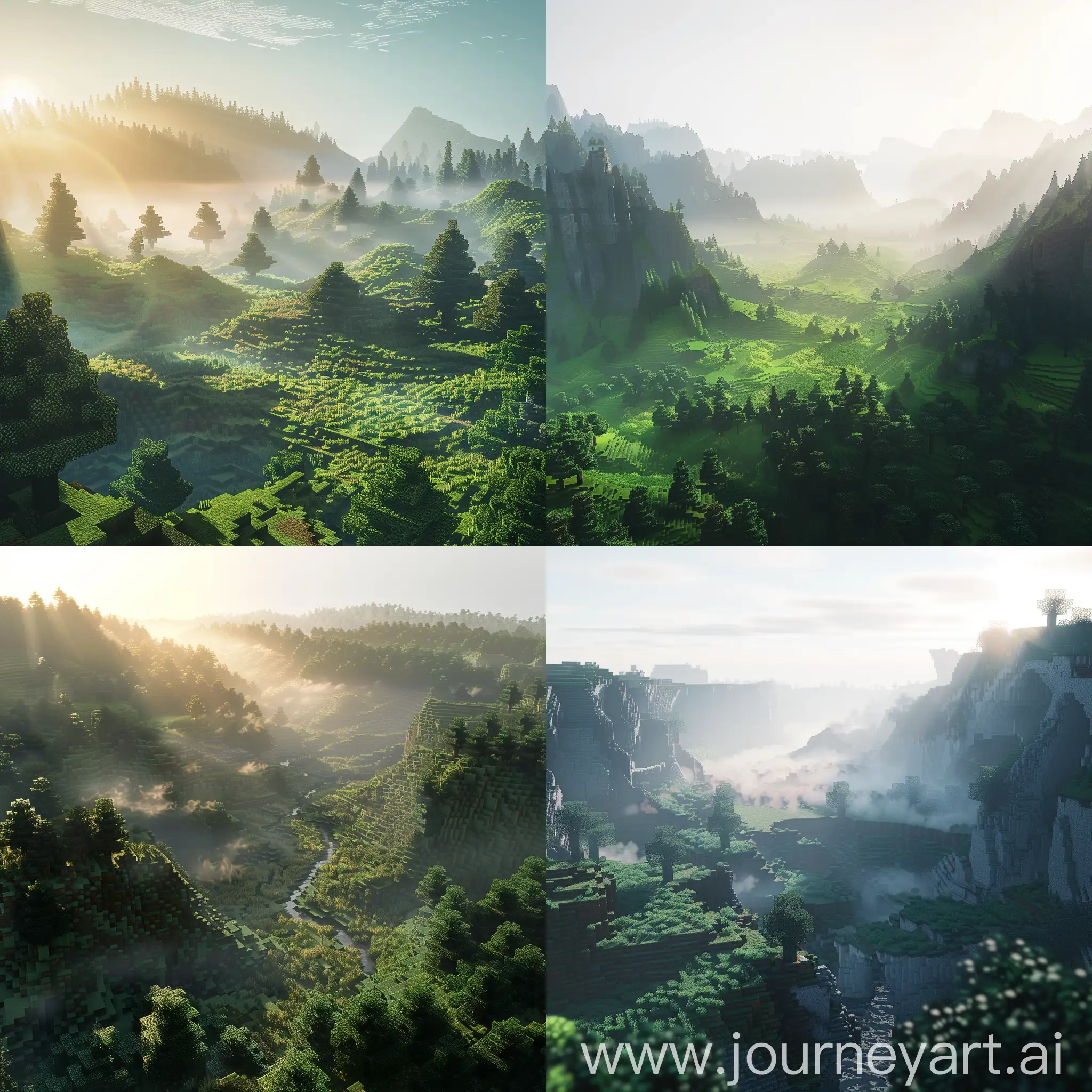 minecraft, арт, долина, лес вдали, утро, мягкий свет солнца, rtx, detailed
