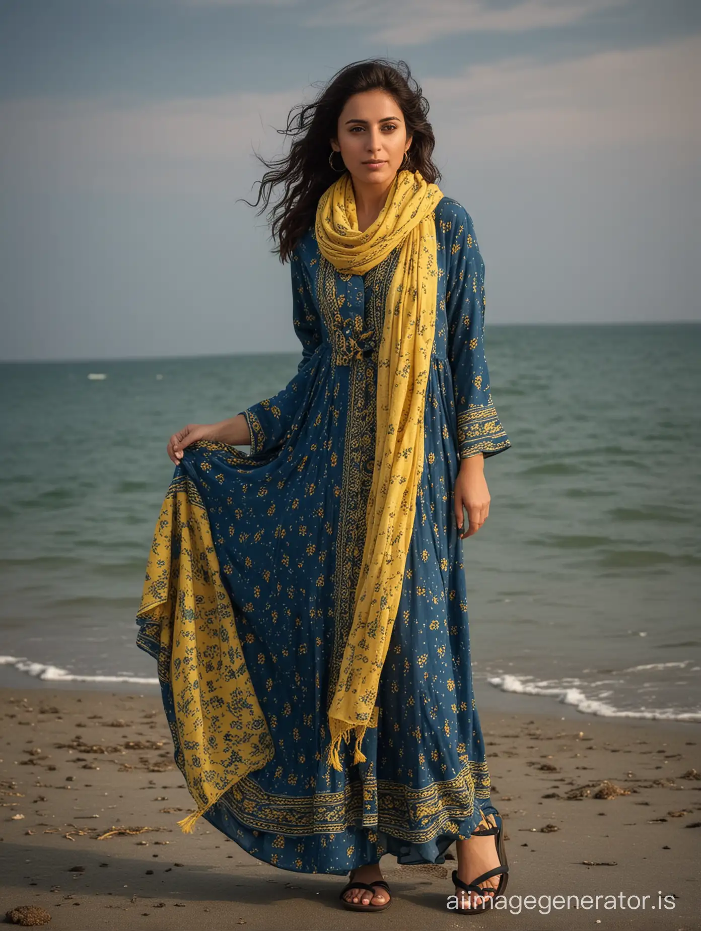 Iranian woman 35 years old, blue long cozy dress with yellow pattern, black sandals, scarf, full body shot, in sea side, dramatic lighting
