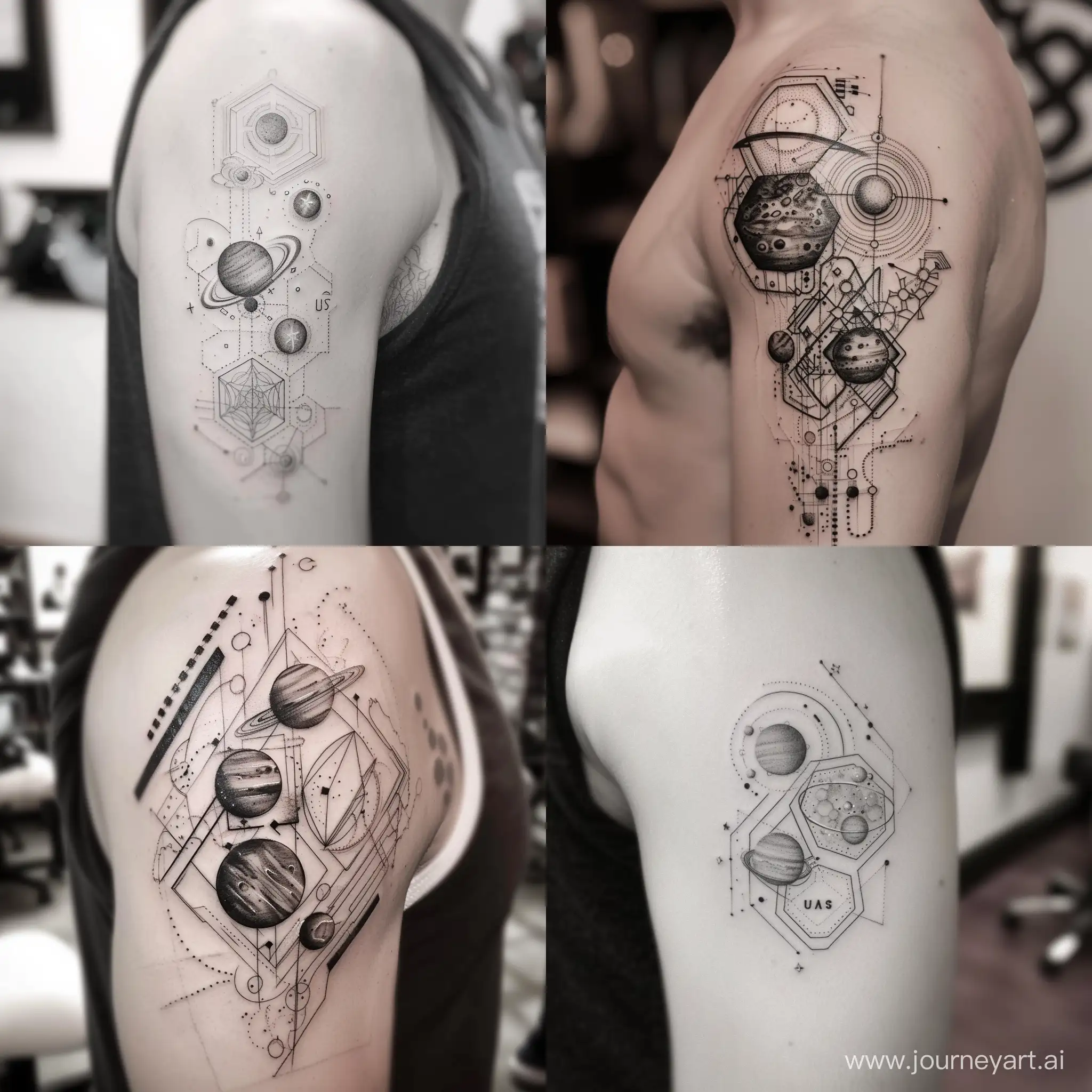 Futuristic-Shoulder-Tattoo-Solar-System-Geometric-Hexagons-and-Aquarius-Zodiac-Sign