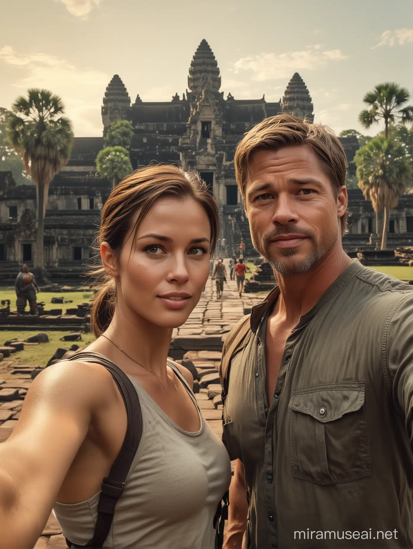 Create a highly detailed and sharp image of Lara Croft and Brad Pitt taking a selfie in front of Angkor Wat temple. 
