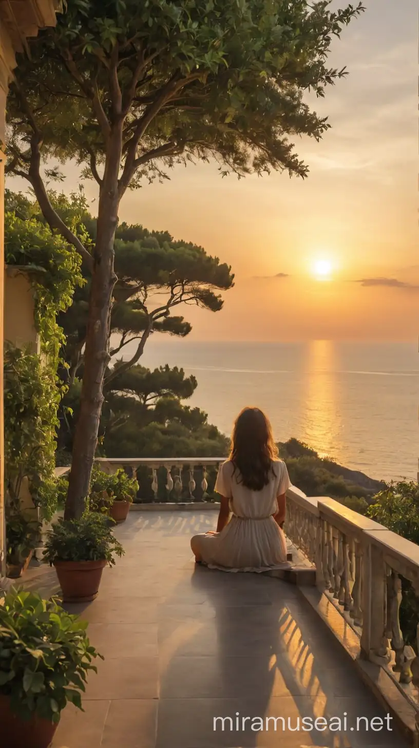 Serene Girl Contemplating Sunset Ocean View from Terrace with Trees