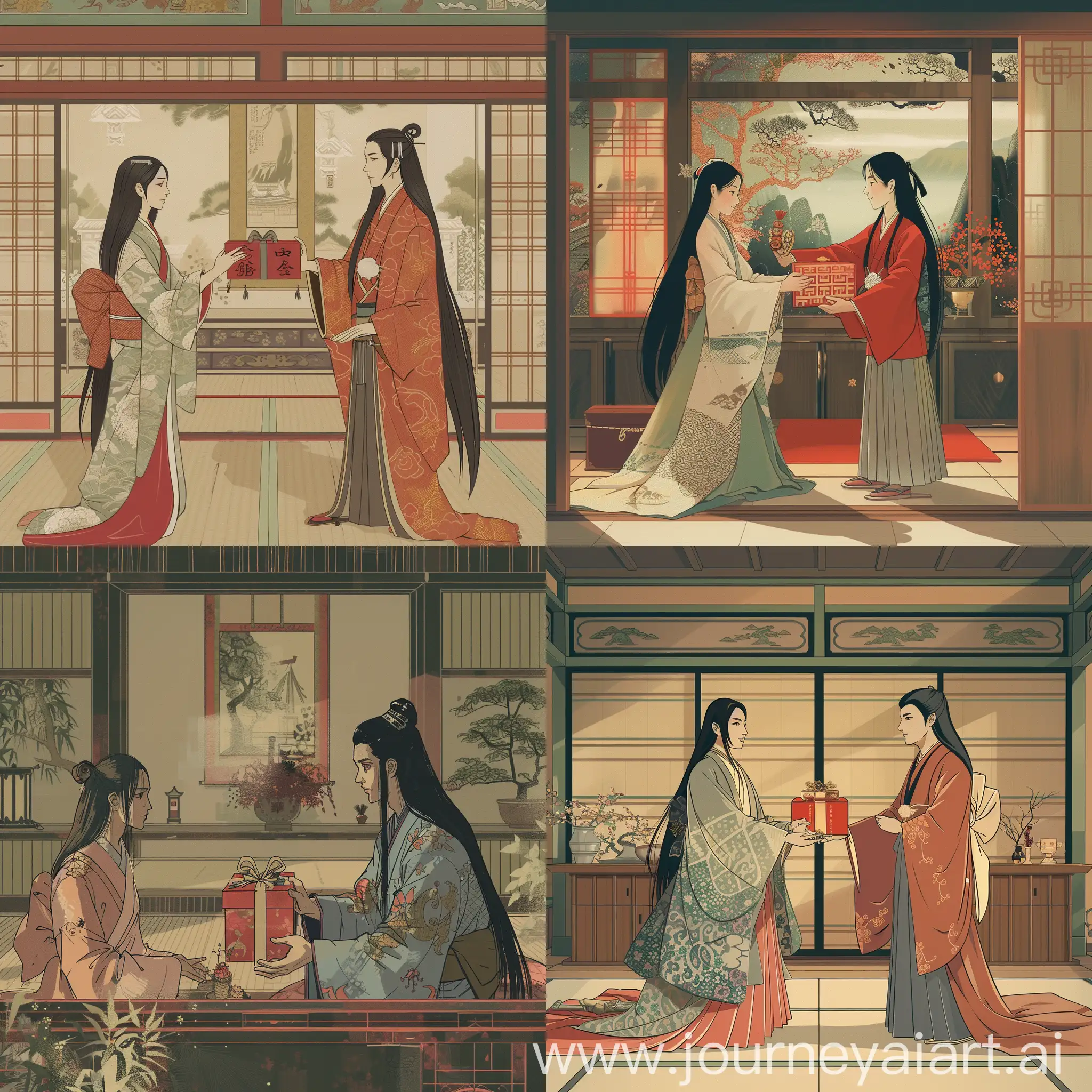 In the beautiful room of a Heian nobleman, a young male nobleman, Hikaru Genji, gives a gift to a female nobleman, Kaguya-hime. The background is a beautiful room of a Heian nobleman. The Tale of Princess Kaguya, Tale of Genji picture scroll, reflects the unique style of Yamato-e painting by Uemura Shoen and Sakanoue Kiryu, inspired motif (((Fujichoco, detailed and elegant illustration. The concept art is a masterpiece of intricate detail. The perspective of the illustration is a right front perspective of a panoramic shot. The artwork is in the Yamato painting style of the Japanese Heian dynasty, with motifs similar to tapestries, atmosphere, cgstasion, HQ, detailed illustration, panoramashot, full body, smooth, sharp focus, Japanese anime style
