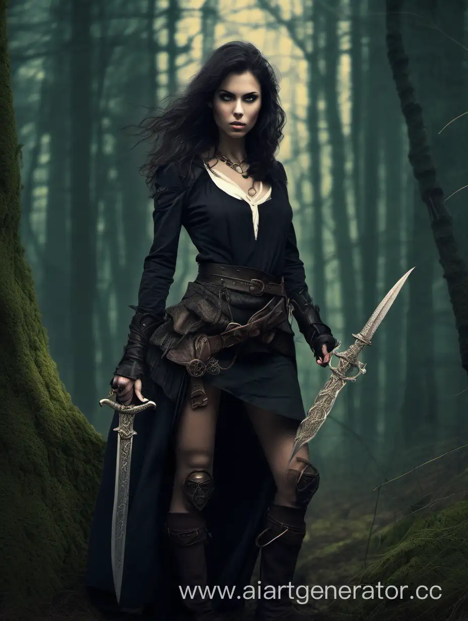 миниатюрная молодая женщина, тёмные волосы до пояса, с кинжалом за поясом, фэнтези, лес