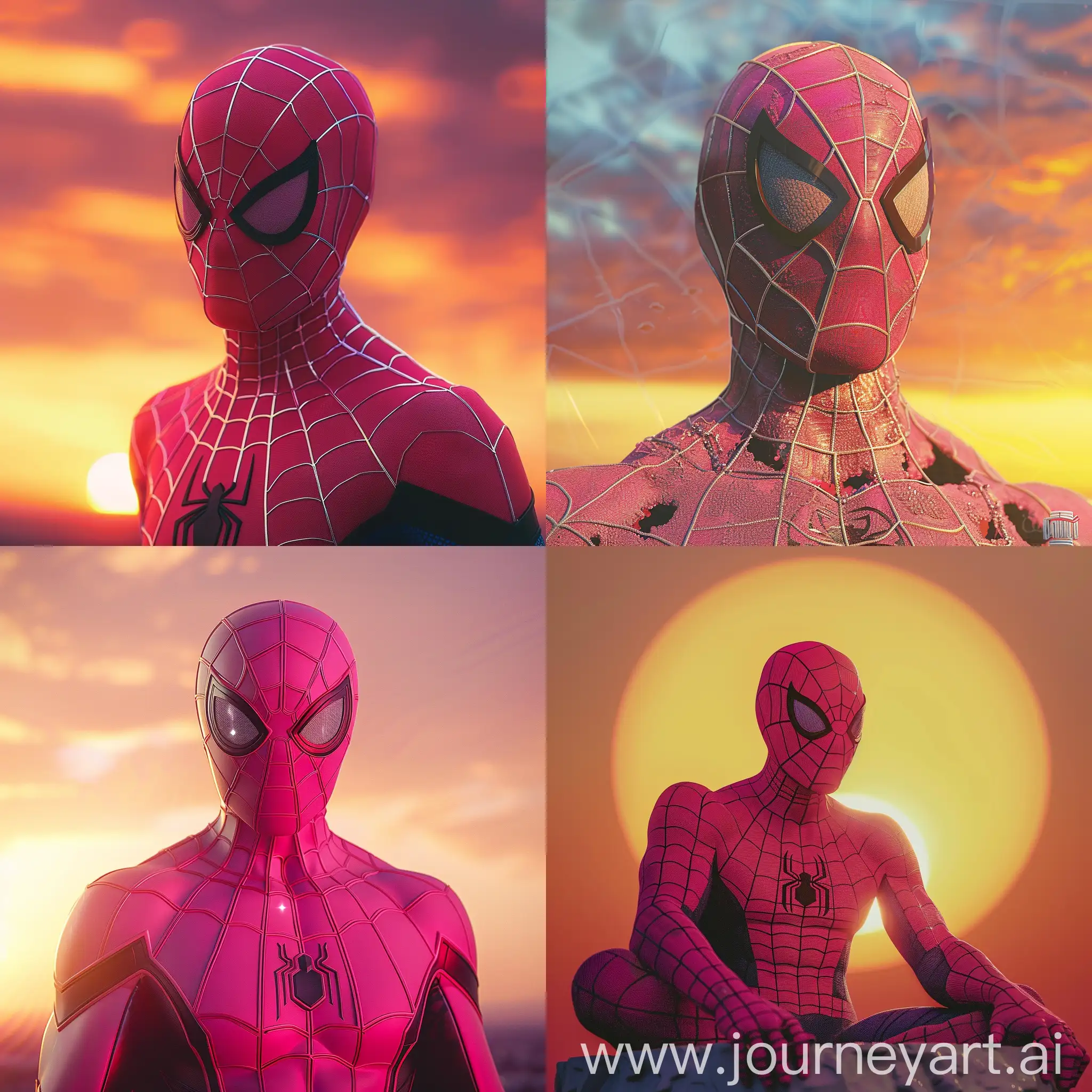 pink spiderman against a sunset background