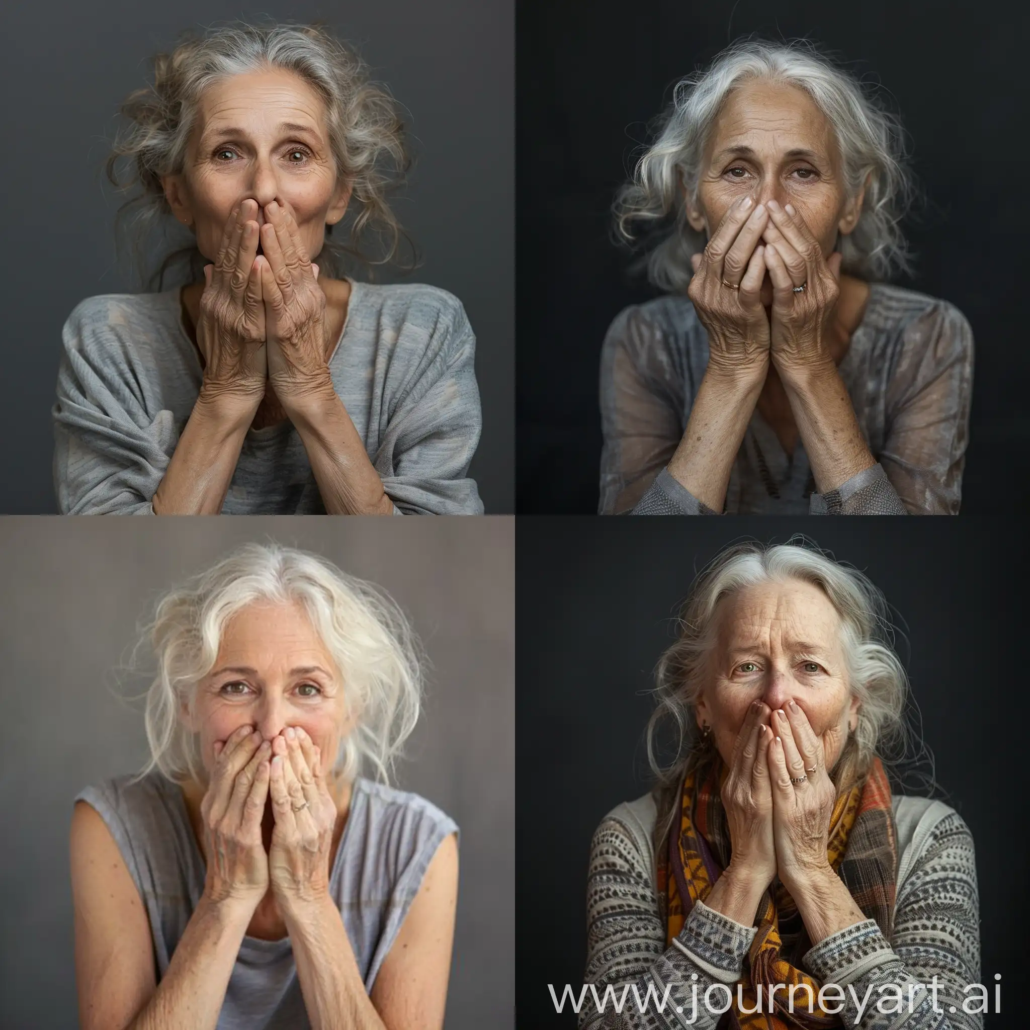 55 - 65 year-old woman covers her mouth with her hands, stock photo, magazine photo, positive photo, homogeneous background