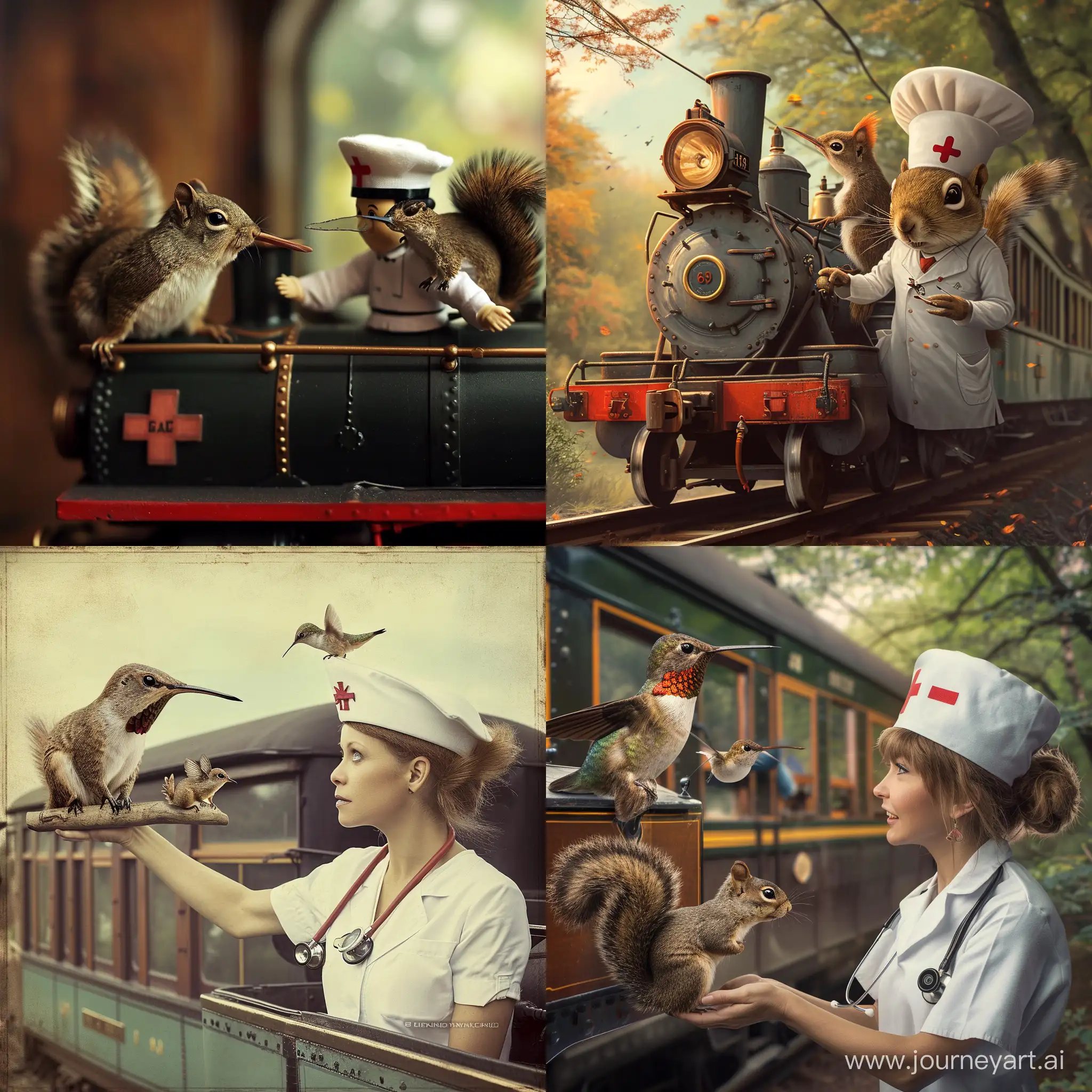 Whimsical-Journey-Nurse-Squirrel-and-Hummingbird-on-a-Locomotive
