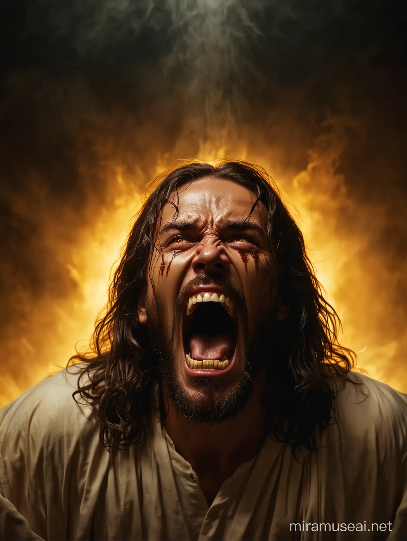 Angry Jesus Christ Screaming in Hell with Dark Background and Yellow Light
