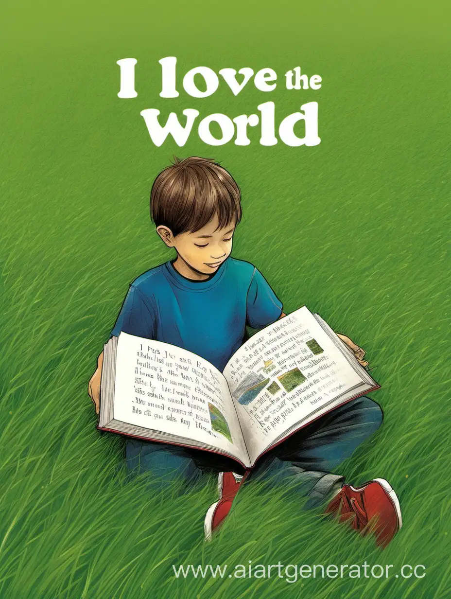 a boy is reading a book in the grass
with text "i love the world"