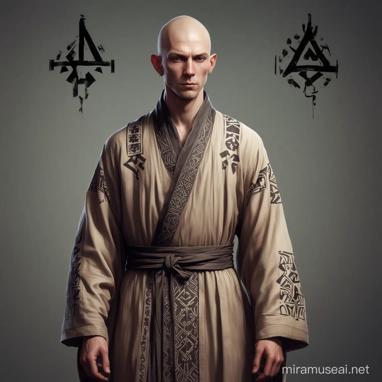 Mystical Bald Sorcerer with Nordic Runes Robe RPG Artwork