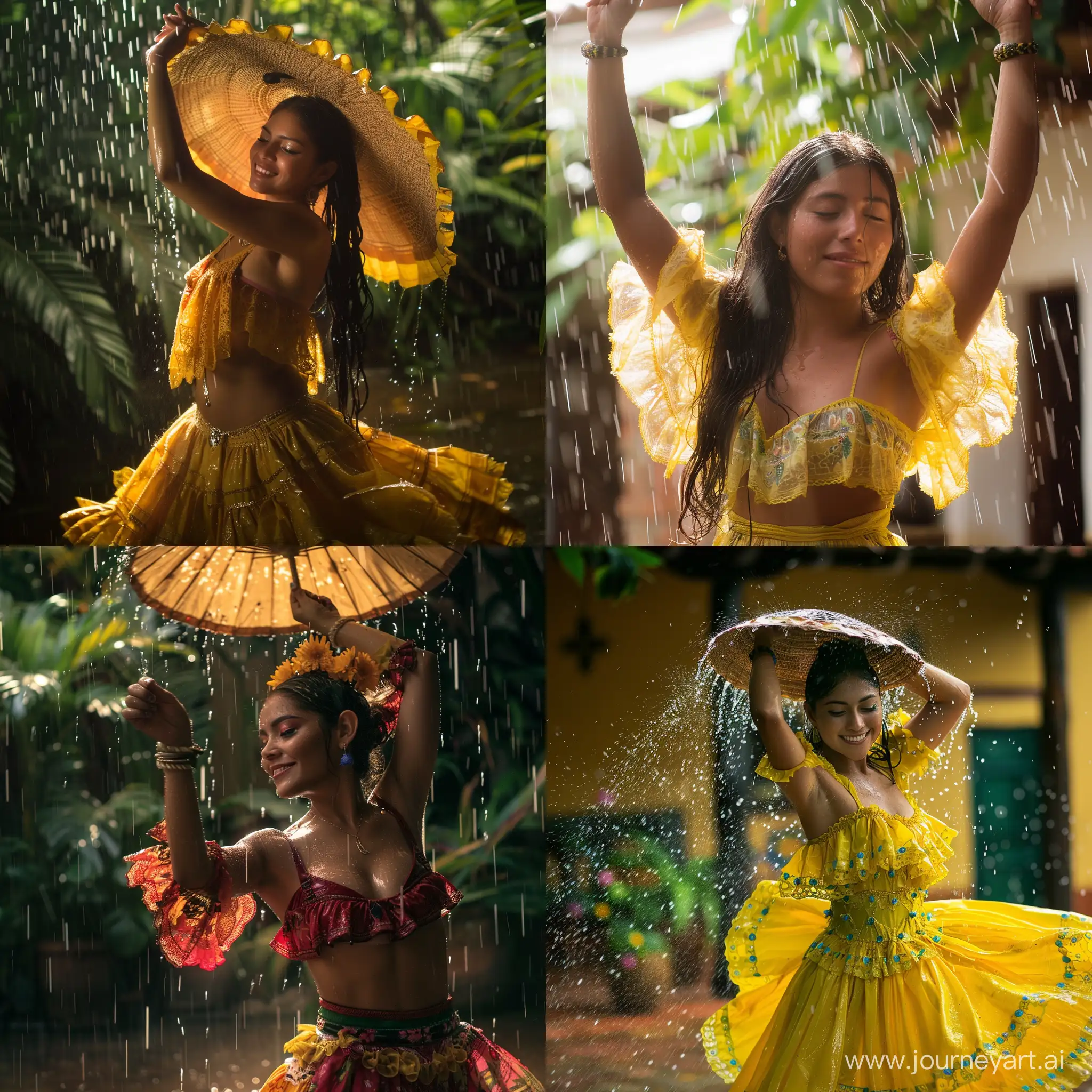 Young Colombian woman dancing in the rain
