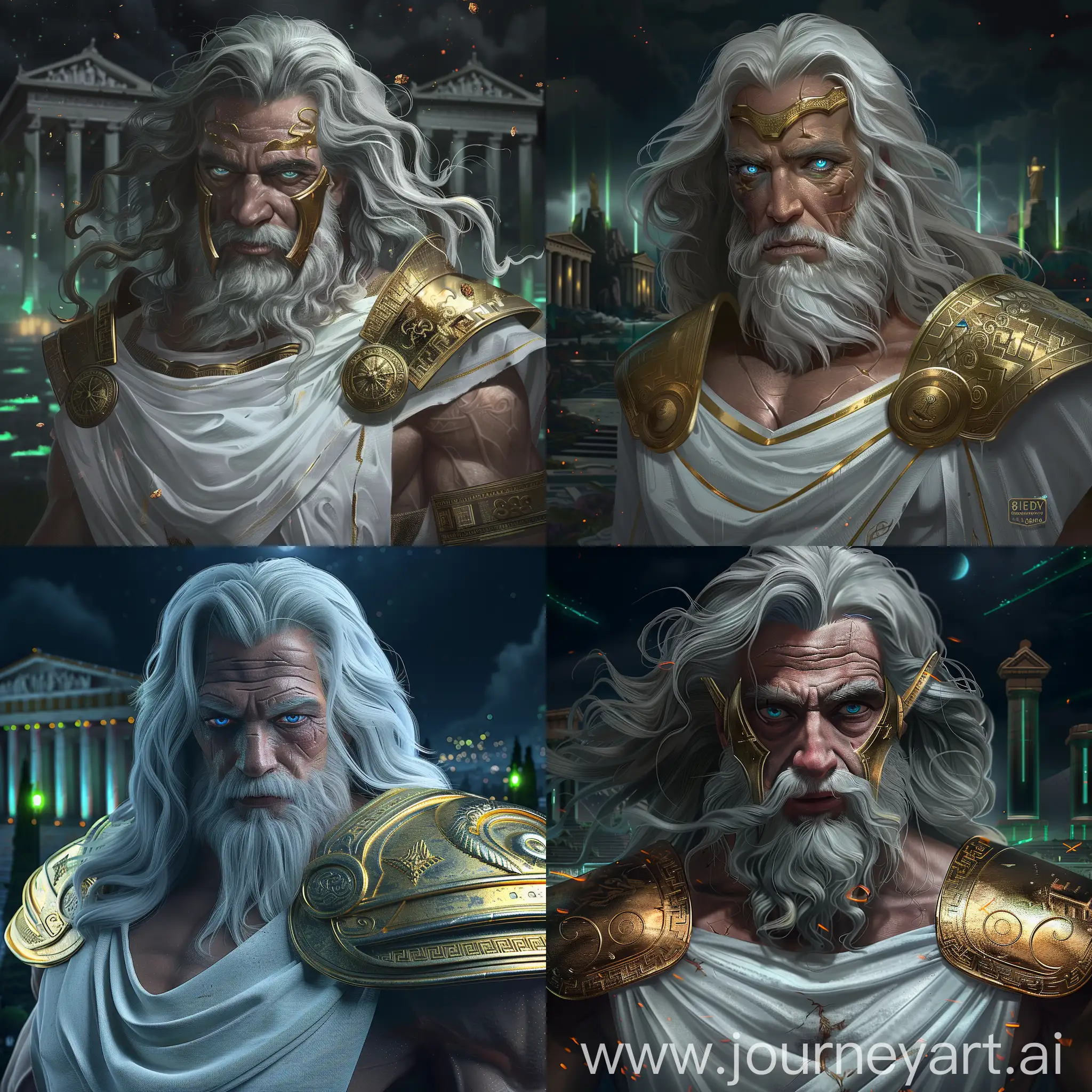 Man, 45 years old, Zeus, long gray hair, sublime sky blue eyes, white skin, signs of age, defined jaws, large athletic body, golden armor, Greek god, white clothes, dark night in the background, Greek temples and greenish lights, extremely realistic, extremely detailed, divine nature, divine beauty, angelic beauty, 8k, Percy Jackson Universe high quality, good generation, corrected lighting, perfect illustration, cinematic, realistic, intricate details, finely detailed, small details, extra details