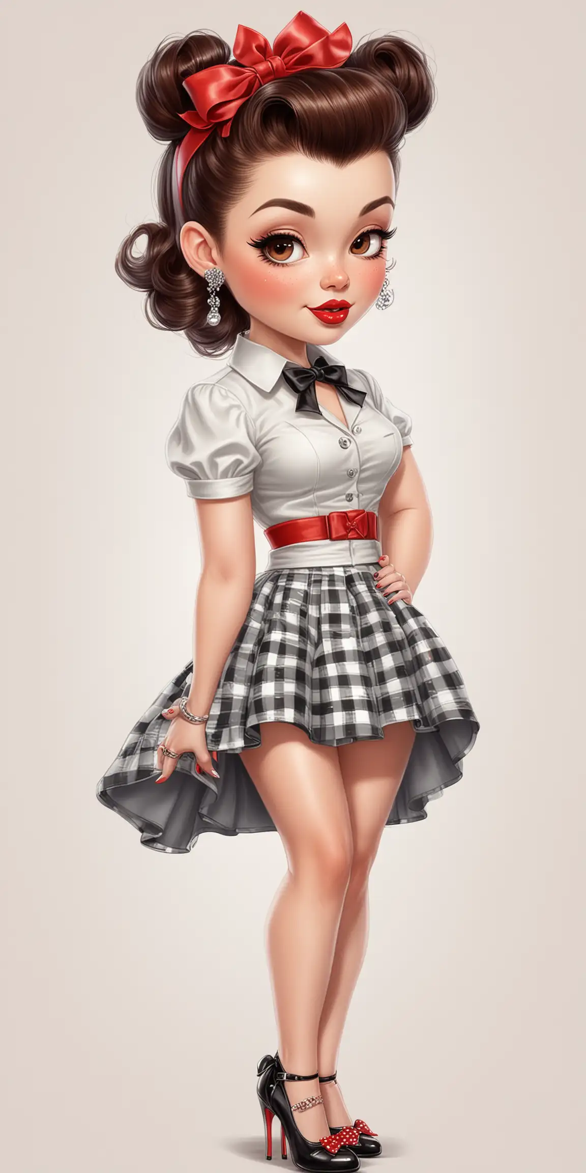 illustration of a beautiful woman, chibi style, dressed in 1950s rockabilly style, victory rolls, jewelry, high heels, she has plump red lips, freckles, long lashes, portrait, half length , chibi, white background , bow in hair, hands in pockets 