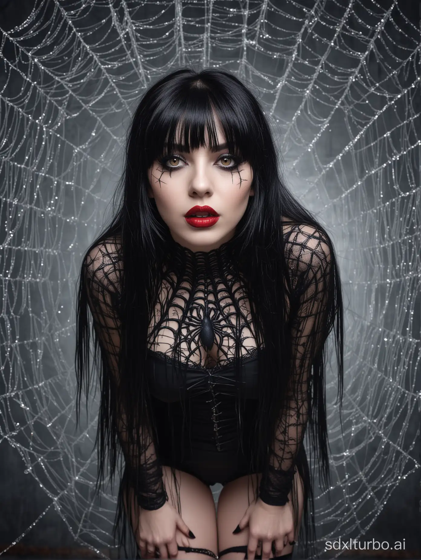 Girl, gothic style, 30 years old, long black hair, fringe, full white eyes, very clear skin, heavy make up, dark make up, gothic make up, red lips, full body photo, wrapped in a spiderweb, upside down