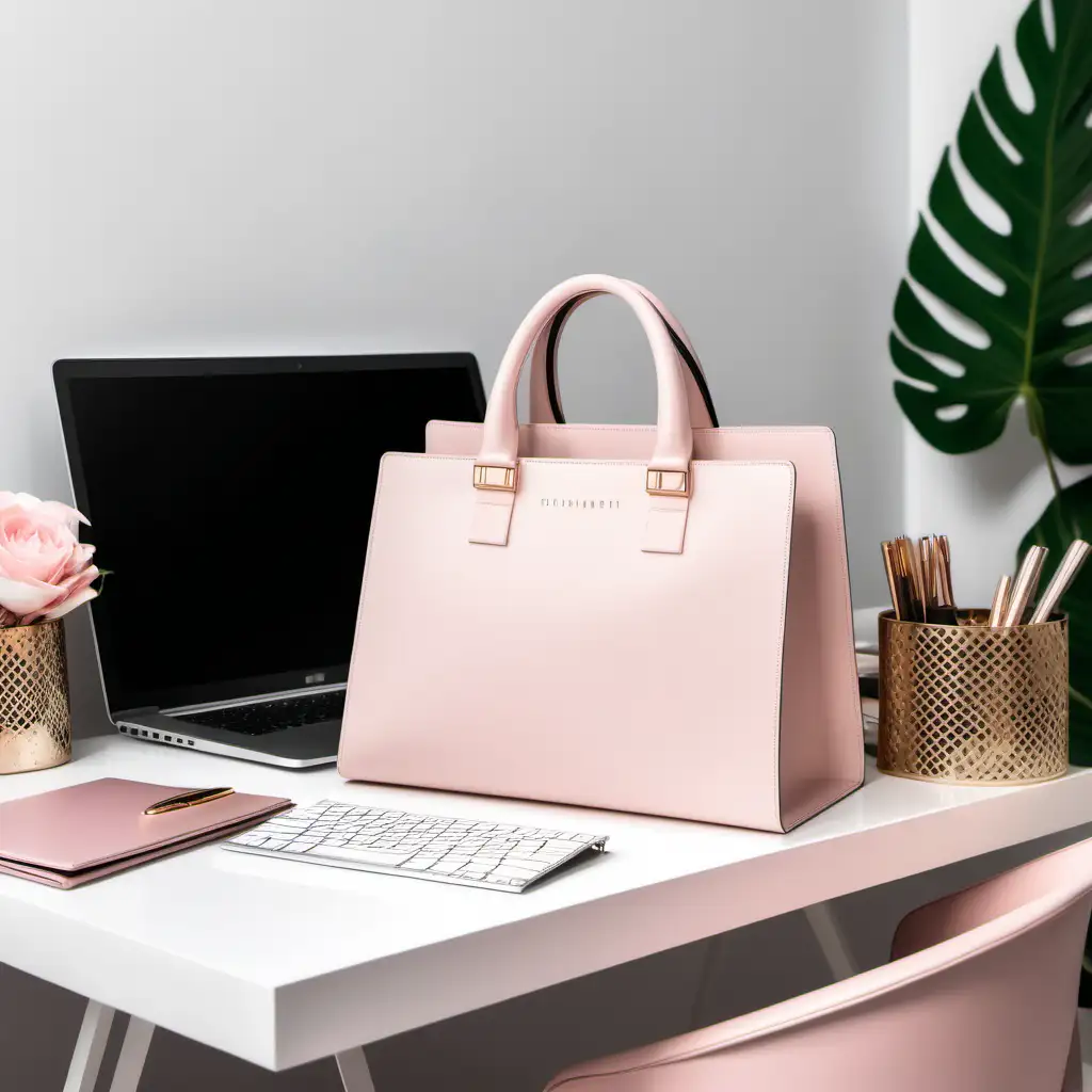 A pink handbag on a desk next to an open laptop, A chic, blush - toned handbag casually resting beside a sleek, silver laptop with its open screen facing the camera, capturing the viewer's attention, situated on a tidy, wooden desk. The workspace is adorned with fashionable, feminine accessories and decor, including pink and gold accents, giving off a modern, trendy, and luxurious vibe, The environment is a stylish, well - lit room featuring minimalist design elements, soft pastel colors, urban touches, and contemporary furnishings, The mood of the scene is inviting and warm, reflecting a sophisticated, yet playful feminine atmosphere with a touch of opulence, The atmosphere exudes a sense of elegance and creativity, with delicate, whimsical touches seamlessly blending with the functional, well - organized workspace, showcasing the perfect balance of luxury and practicality, The lighting effect is soft and diffused, with natural