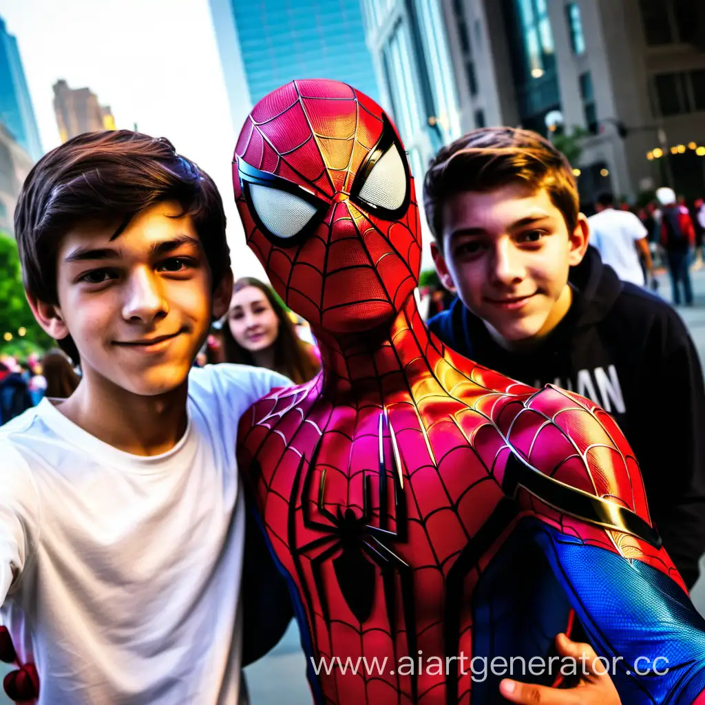 Человек паук стоит обнявшись за плечи с 15 летним мальчиком подростоком на селфи 