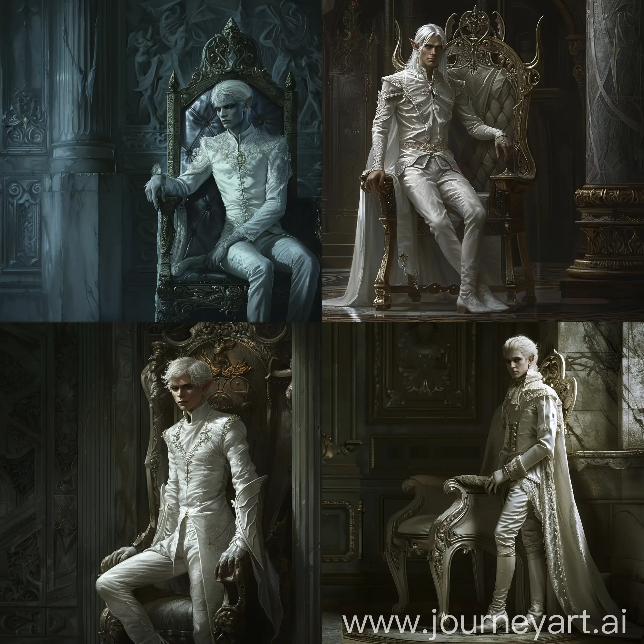 Dark room, the chamber of an Elven King. He is evil, standing next to his throne. He is young but with a firm expression. Wearing white royal clothes and has white hair and light gray skin