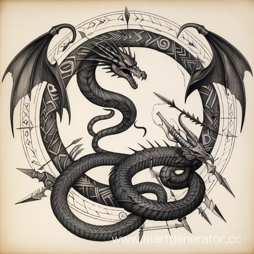 Чернокрылый и рогатый Змей, окруженный кольцом сломанных стрел эскиз под тату
