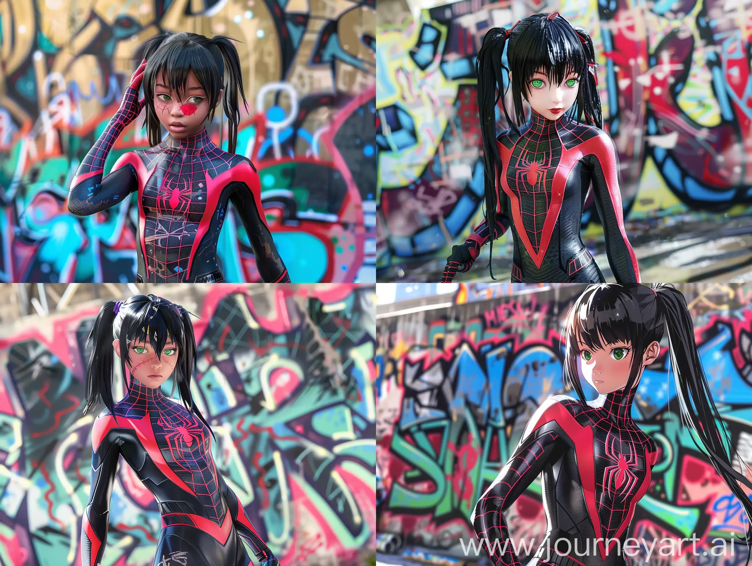 a hot young anime girl in the miles morales spiderman suit, hot, gorgeous, beautiful, black ponytail, green eyes, full body shot, standing in front of a big Graffiti