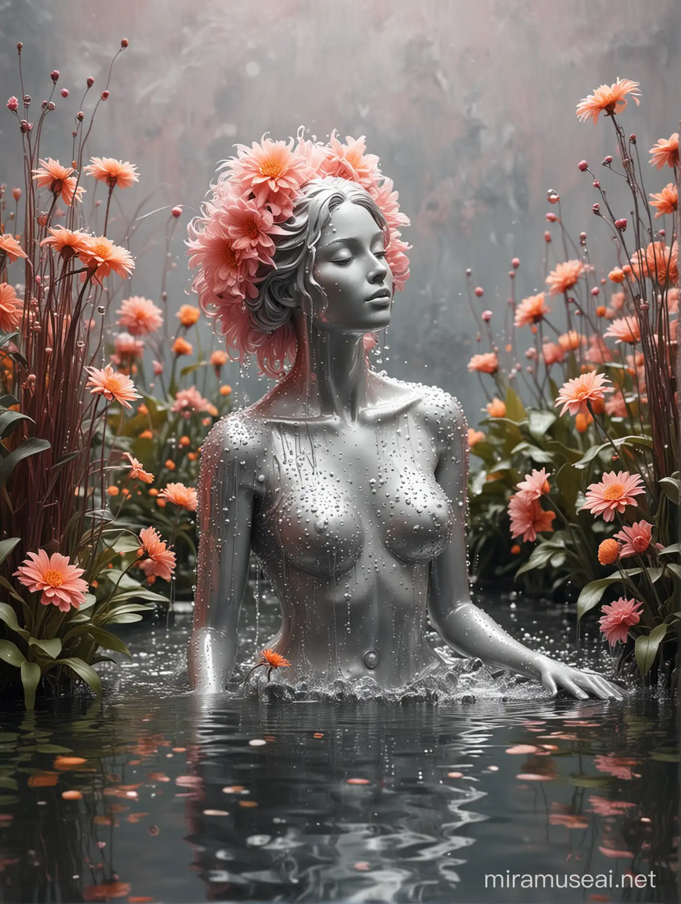 A human woman SCULPTURE, sat in the water, with water plants and flowers, with silver dots and small shapes, watering her plants, with furry pink and orange, big fur flowers, abstract liquid melt background, high fashion, vintage photography, cinematic, soft fur