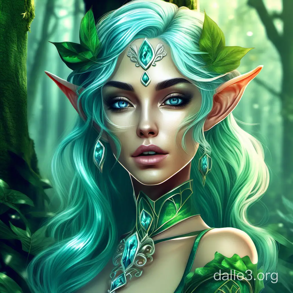 fantasy art, seductive highly detailed close-up portrait of a beautiful elf girl with aquamarine hair,in a fantastically beautiful outfit, clear detail, surrealism, elegant, green forest, illusion,artstation