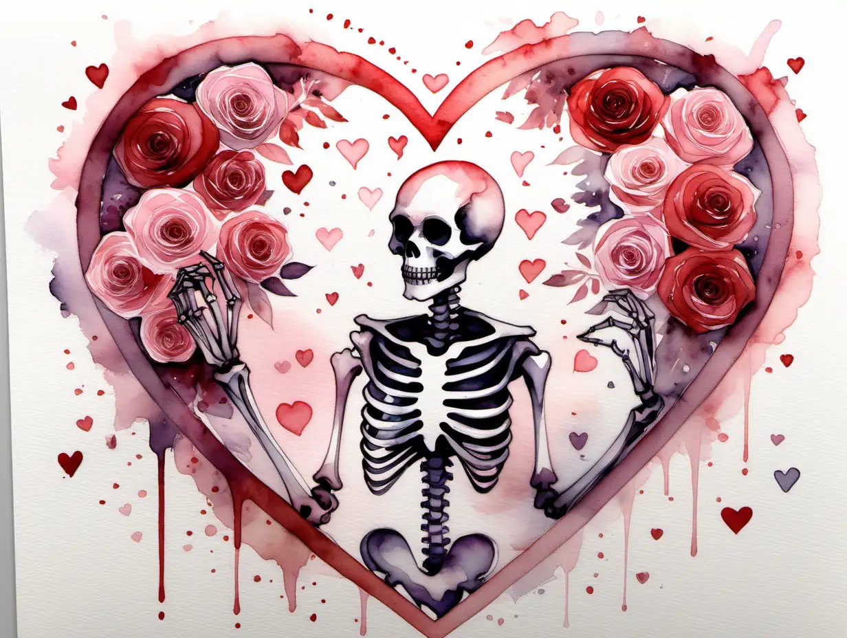Generate an intriguing watercolor-stylized image featuring a skeleton in a Valentine's Day theme. Combine the macabre with romance by incorporating delicate heart motifs within the skeleton's structure. Utilize a soft color palette of pinks, reds, and grays to evoke a balance between the eerie and the romantic. Convey the paradoxical beauty in the union of life and death, creating a visually captivating and thought-provoking Valentine's Day-themed watercolor piece.
