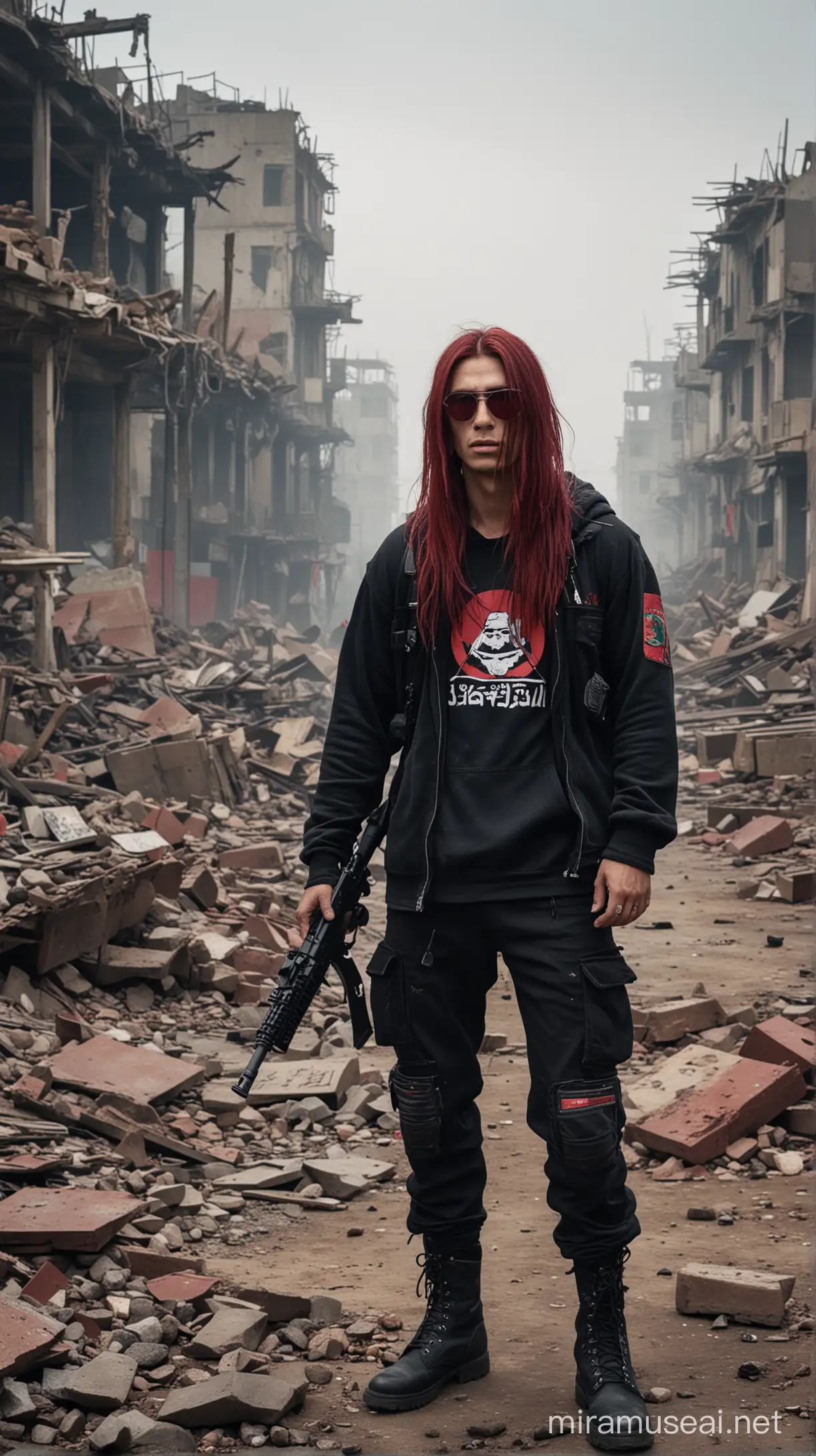 A samurai with very long maroon hair blowing in the wind, wearing red glasses, standing in the middle of the ruins of a destroyed city. he was wearing a black hoodie with the words "SINYO", and Palestinian flag badges on the sleeves, black cargo pants, and macbeth boots. in their hands there was a dirty M249 machine gun, the W900 truck was black and battle-damaged in the background, with thick fog adding a gloomy and eerie atmosphere to the scene. UHD 8K, RAW..

