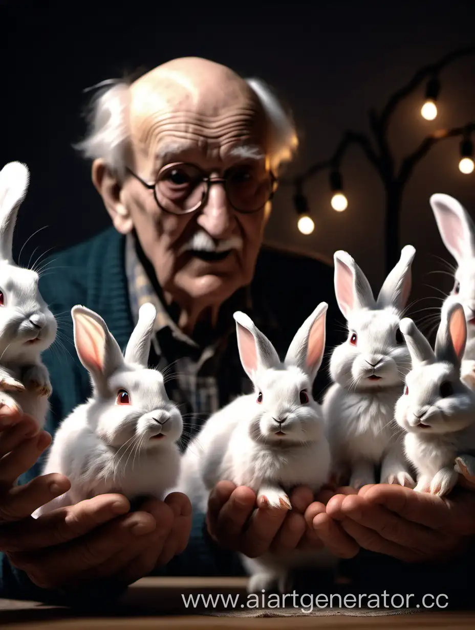 дедушка с коварным выражением лица раздаёт детям маленьких кроликов, яркое освещение, эпичное фото, профессиональное фото, 4k, ультро разрешение, ультро детализация, супер реалистично.
