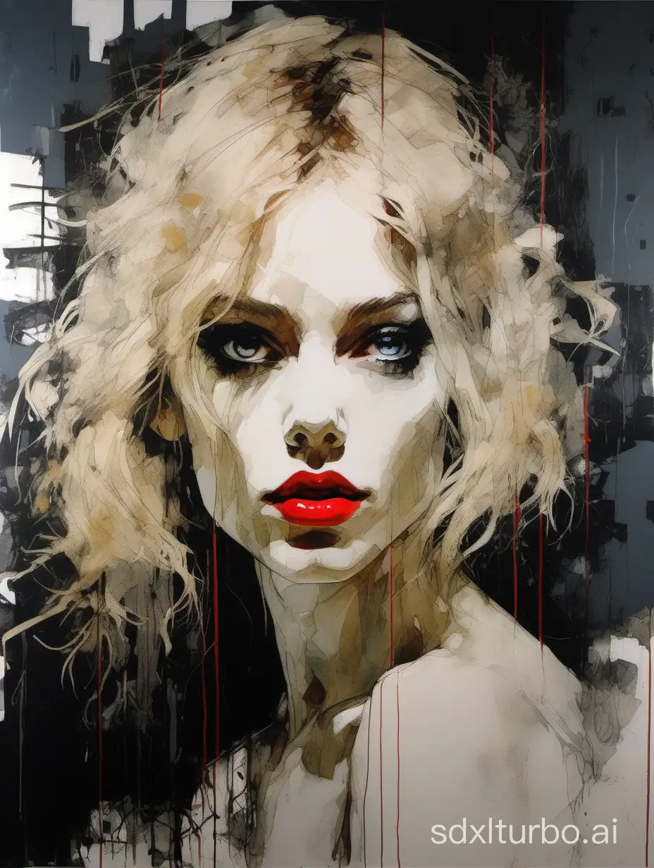 Blonde-Scandinavian-Woman-with-Intense-Eyes-and-Red-Lips-on-Black-Canvas-Fusion-of-McGinnis-Mann-Griffiths-and-Afremov-Styles