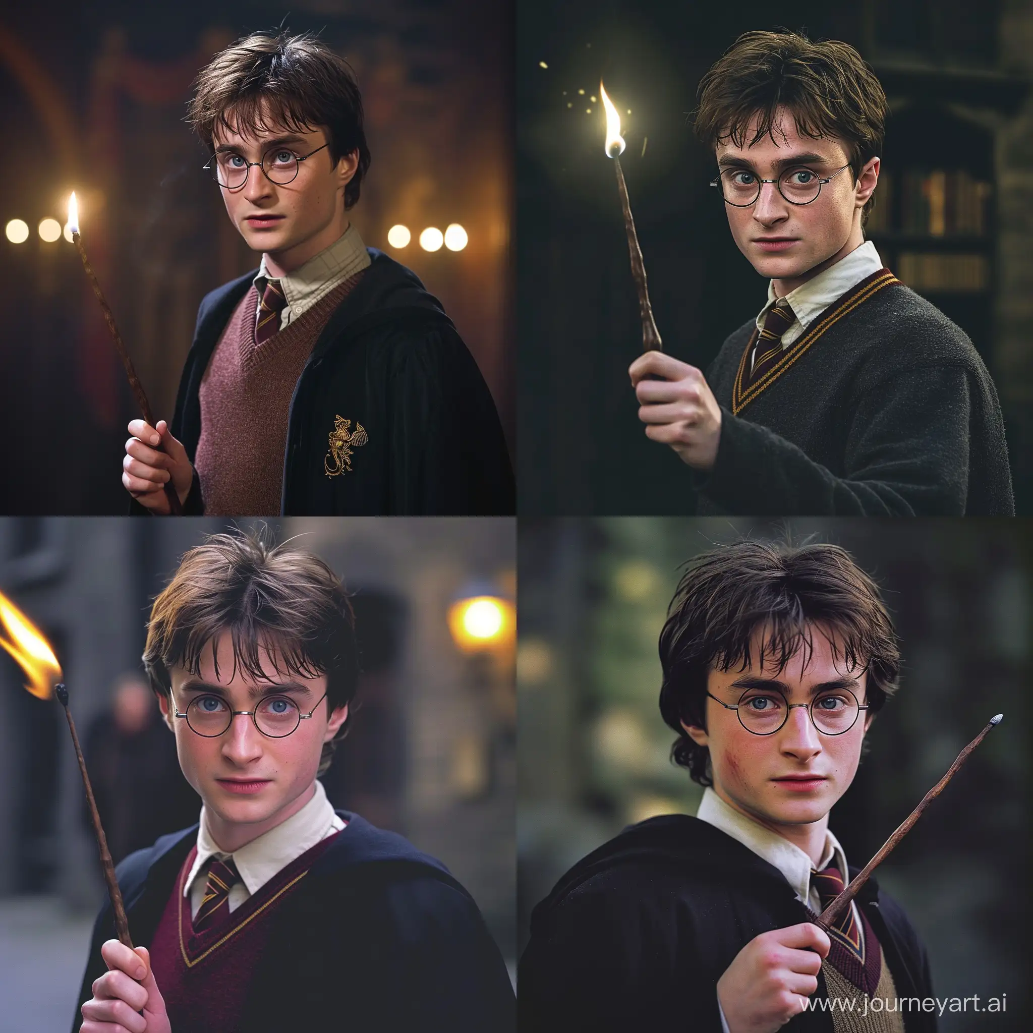Harry Potter holding a magic wand