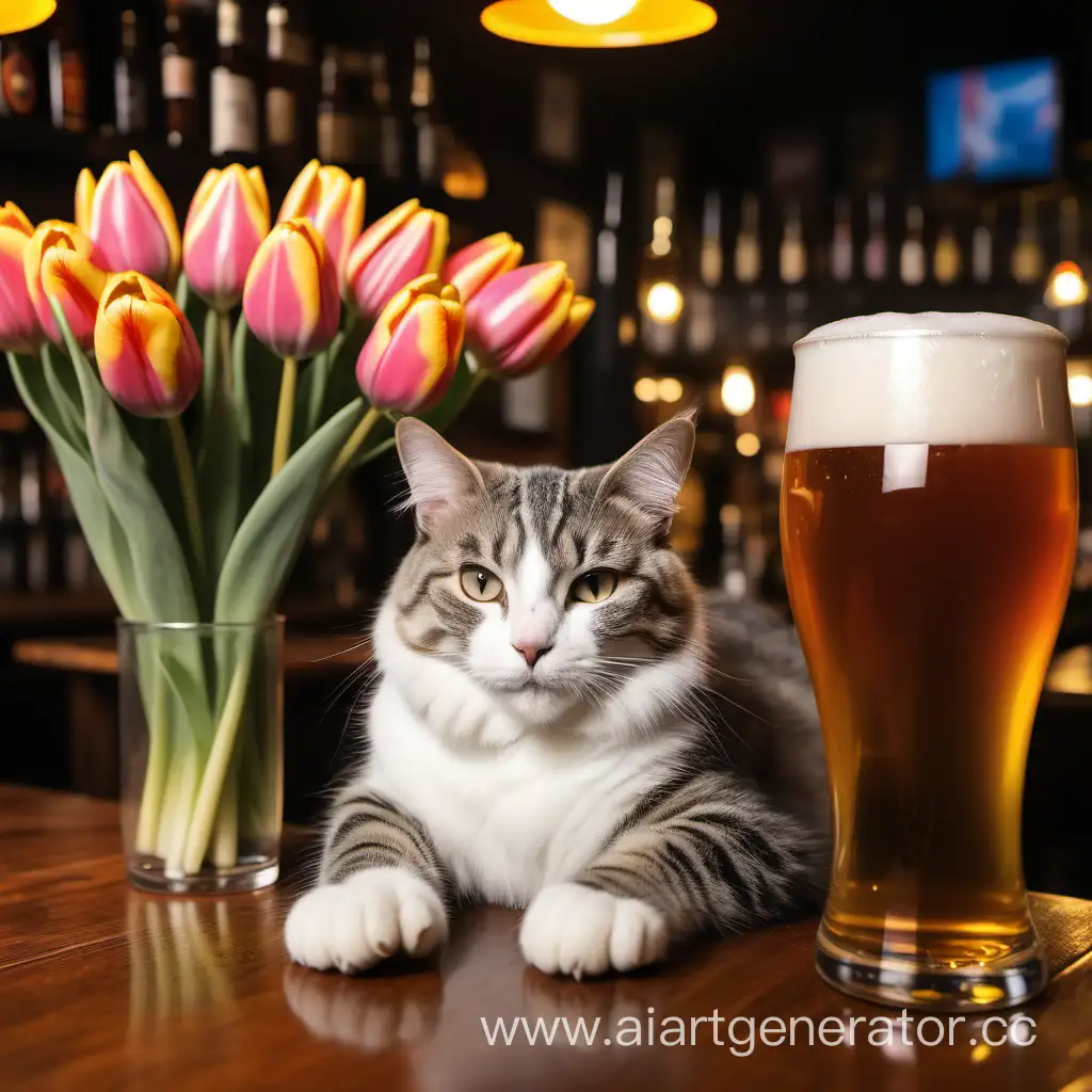 Cat-Enjoying-Beer-at-Table-with-Tulips-in-Bar