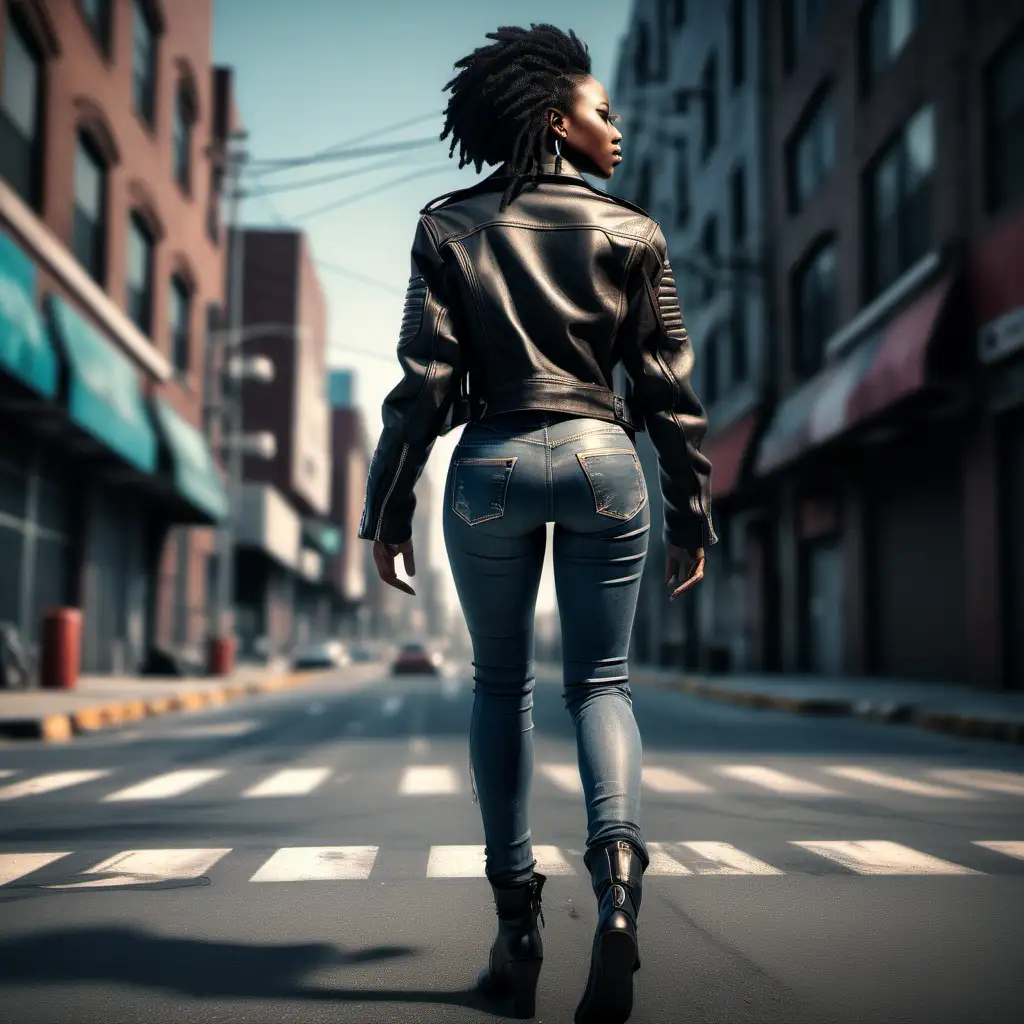  full body shot   African american woman  wearing a leather jacket   jeans back turn walking across the street,, semi realistic cyberpunk style