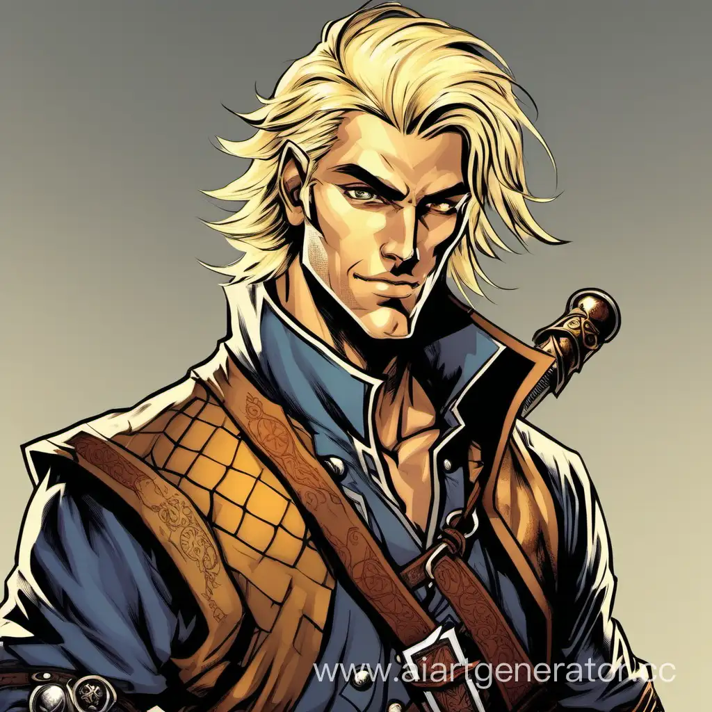 D&D character: handsome blond roguish hexblade with eypatch