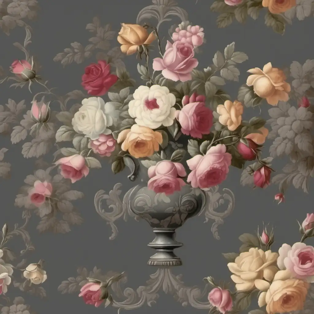 Victorian wallpaper, dark gray, vintage floral vase of roses, chipped painted furniture
