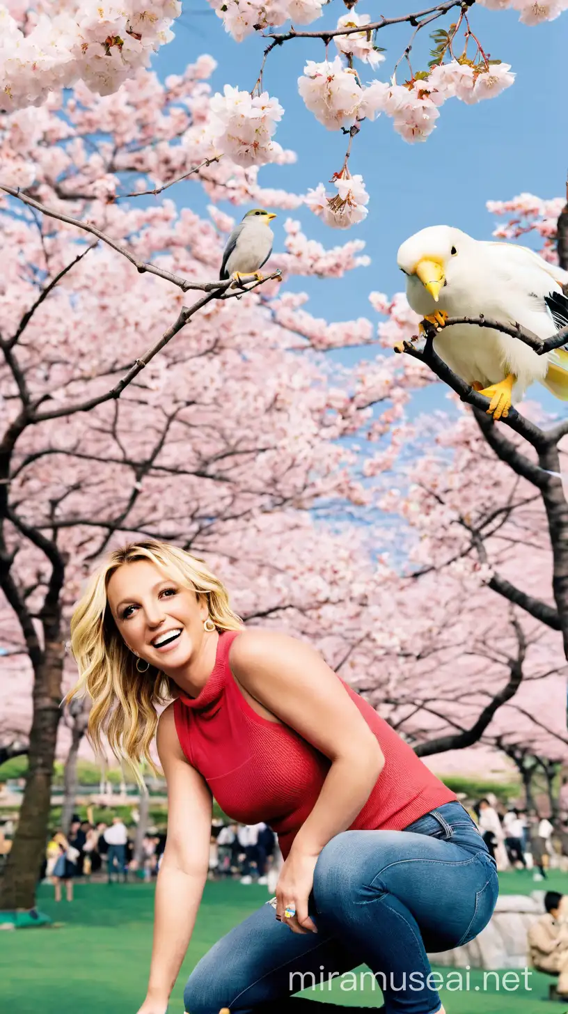 Britney Spears Enjoying Sakura Blossoms in Japanese Park with Bird Watching and Cheese Delight
