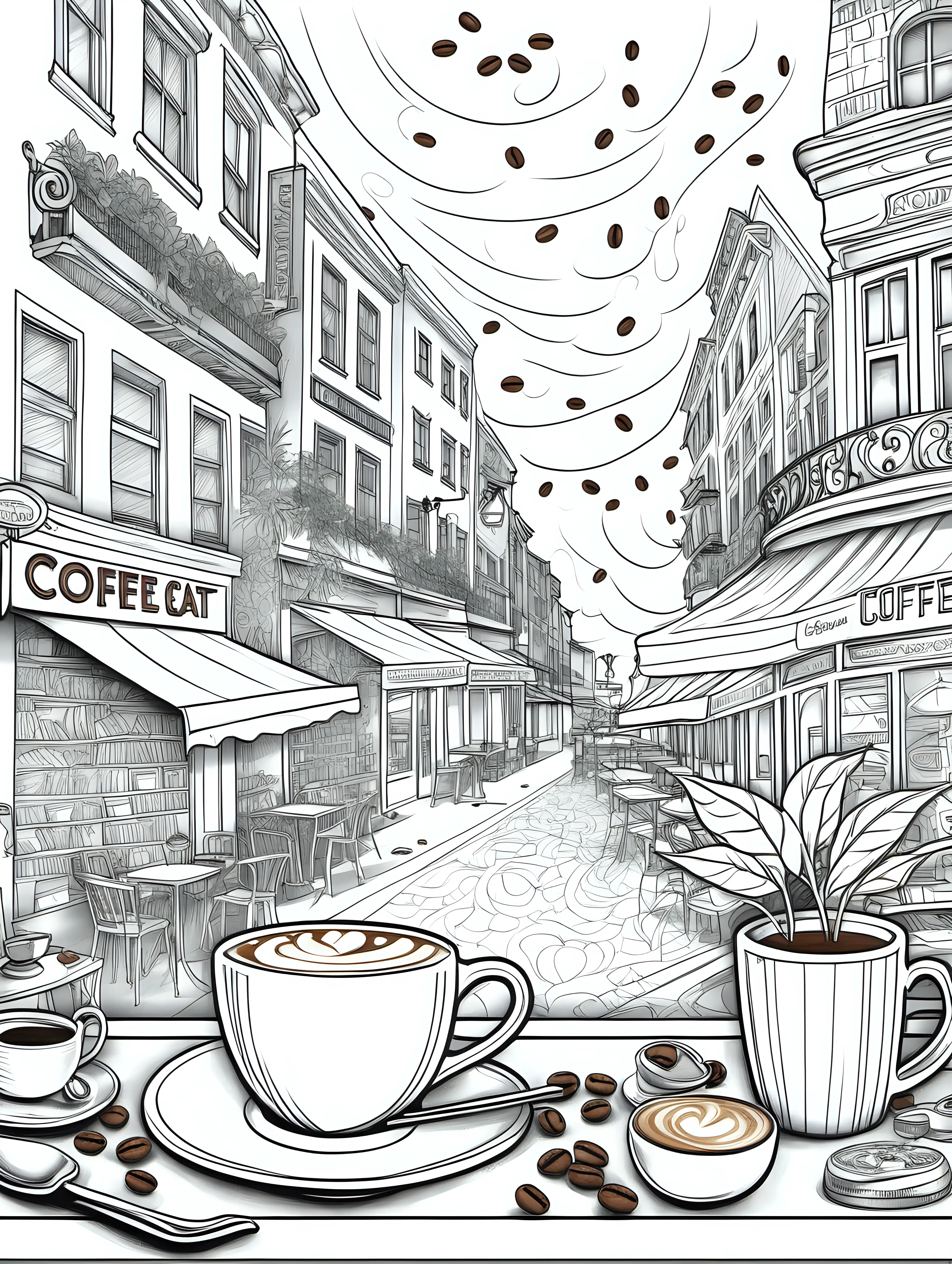 Entwickle eine Sammlung von Illustrationen für ein Erwachsenen-Malbuch mit dem Titel 'Kaffeeklatsch und Farbenzauber'. Die Bilder sollten die gemütliche und kreative Atmosphäre eines Cafés einfangen und dabei verschiedene Aspekte der Kaffeekultur hervorheben. Konzentriere dich auf Motive wie kunstvoll verzierte Cappuccino-Schaumkronen, detailreiche Darstellungen von Kaffeebohnen und -pflanzen, Szenen aus charmanten Straßencafés, Vintage-Kaffeemühlen und -maschinen sowie Menschen, die in entspannter Runde ihren Kaffee genießen.

Die Illustrationen sollten sowohl für Anfänger als auch für fortgeschrittene Ausmaler geeignet sein und genügend Raum für Farbexperimente bieten. Achte darauf, dass jedes Bild genug Detailtiefe besitzt, um die Betrachter zu fesseln und ihnen ein angenehmes Malerlebnis zu ermöglichen. Ziel ist es, eine Kollektion zu schaffen, die nicht nur die Liebe zum Kaffee widerspiegelt, sondern auch eine Oase der Entspannung und des kreativen Ausdrucks bietet.
