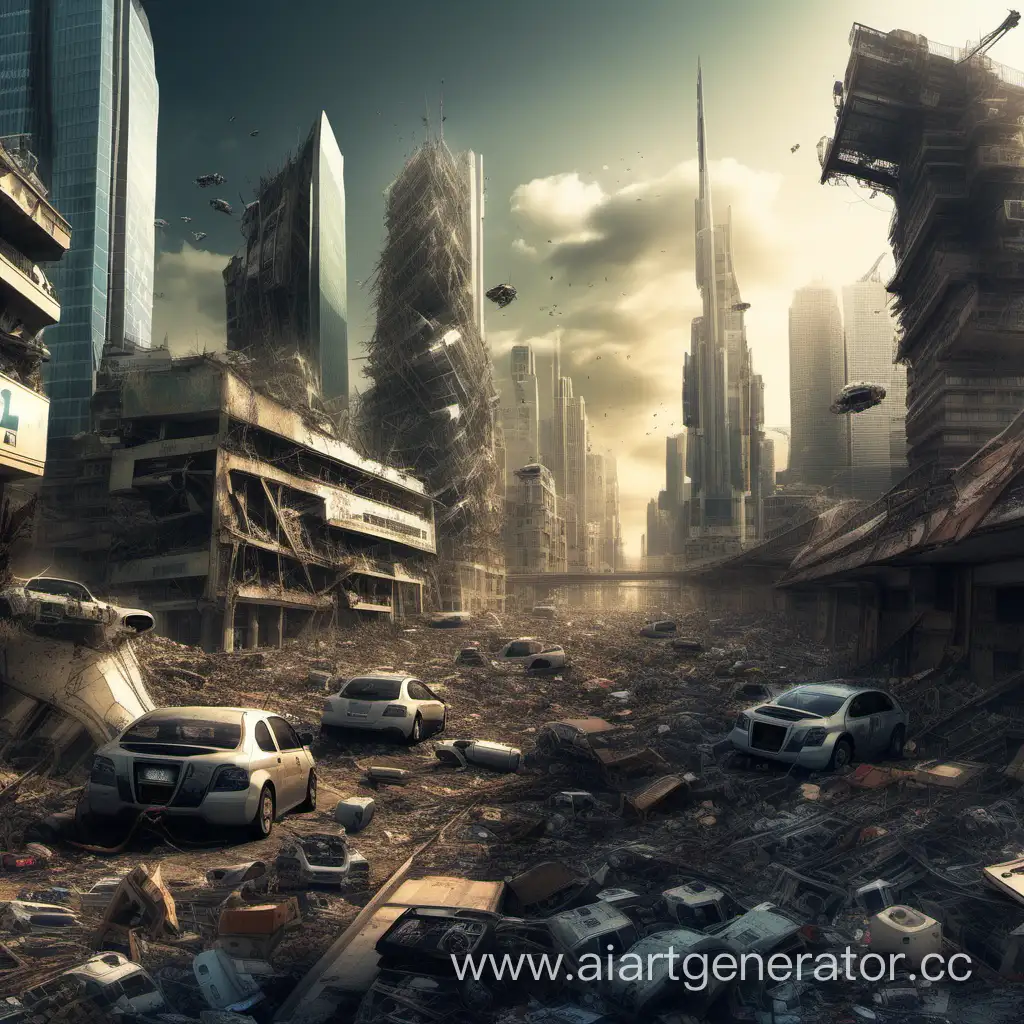 Современный мегаполис будущего, заваленный обломками роботов и мусором.