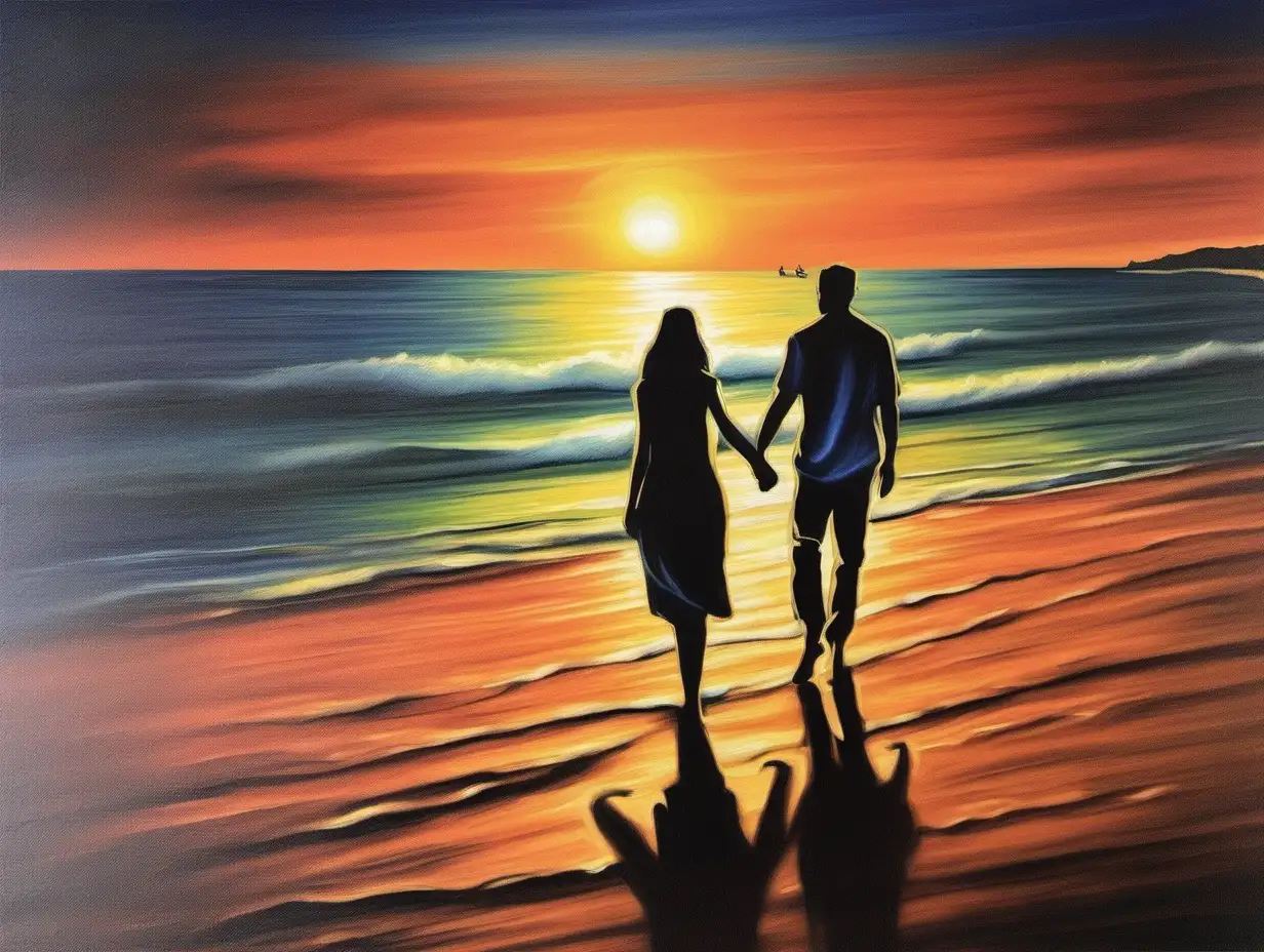 Romantic Couple Holding Hands on Sunset Beach Painting
