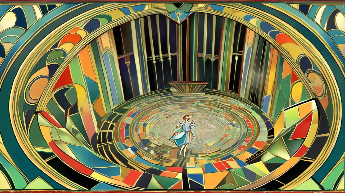 Gabriele DAnnunzio Navigating Art Deco Labyrinth with Iron Stairs and Bright Colored Glasses
