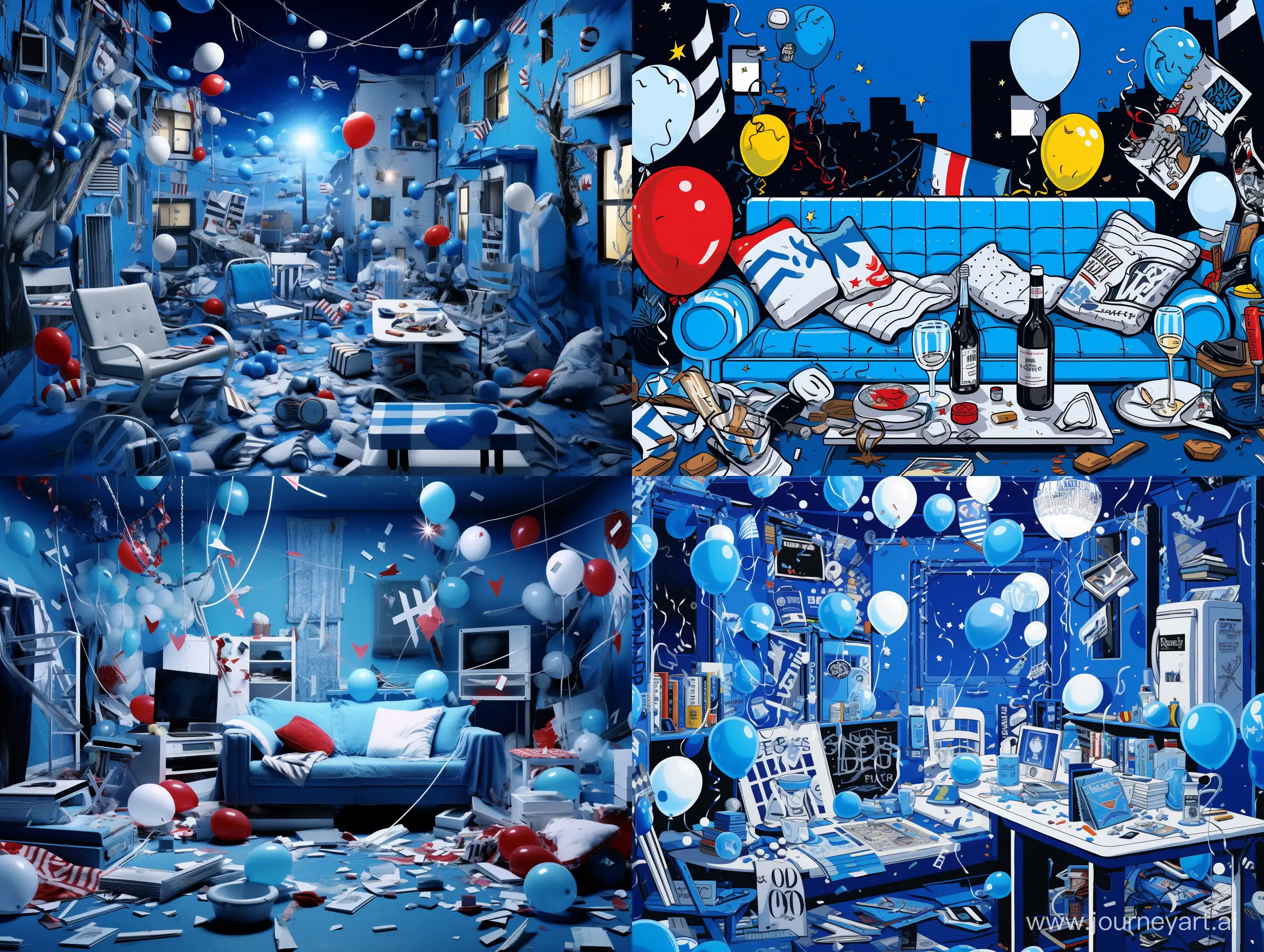 A night student party, in the style of the 90s, called "Lawlessness", scattered things everywhere, white and blue background