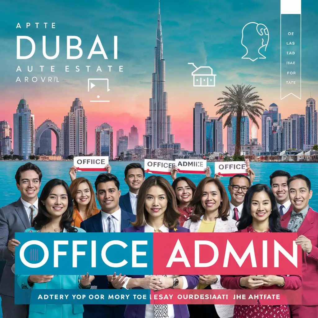 Background should be Dubai skyline with prominent landmarks like Burj Khalifa and Palm Jumeirah, Foreground should be Diverse group of individuals, including representations of Filipino and Indian ethnicities, Use text as Bold and easy-to-read font for "Office Admin" and "Dubai", Color Scheme should Vibrant colors to attract attention while maintaining professionalism, Use Real Estate Elements and Subtle incorporation of building silhouettes or property symbols, For Layout Ensure balanced composition with clear hierarchy of elements, Add Call to Action Encourage viewers to apply or learn more with a compelling message.