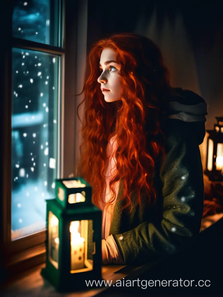 Девушка задумчивая с длинными волнистыми русыми волосами и зелёными глазами стоит в комнате у окна, за окном зимний вечер, горят фонари, светятся окна, идёт снег
