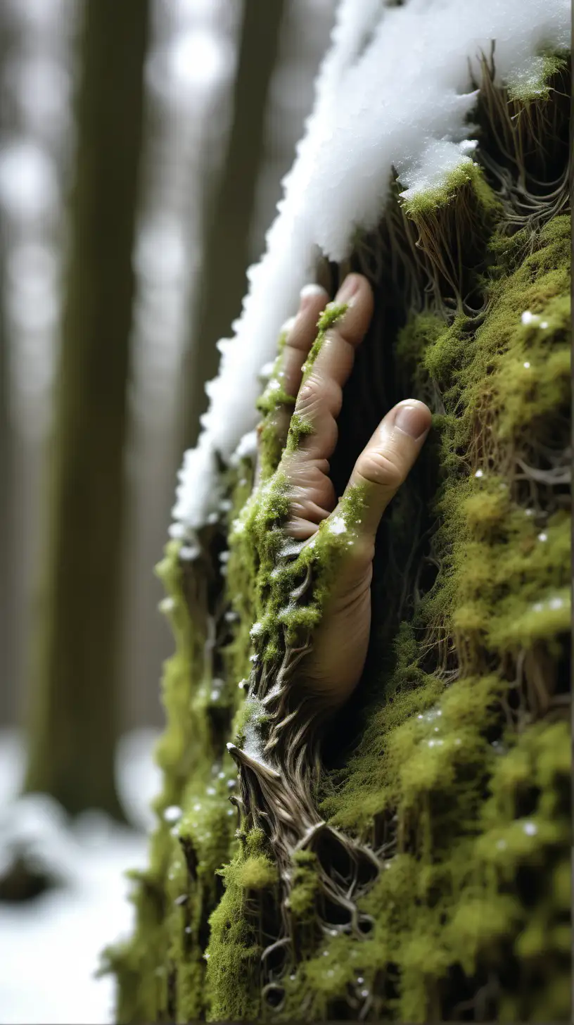 Macro photo realistic of tree barch, ultra hd, detailed, snow, wet surface, print of a hand in the barch, moss covered