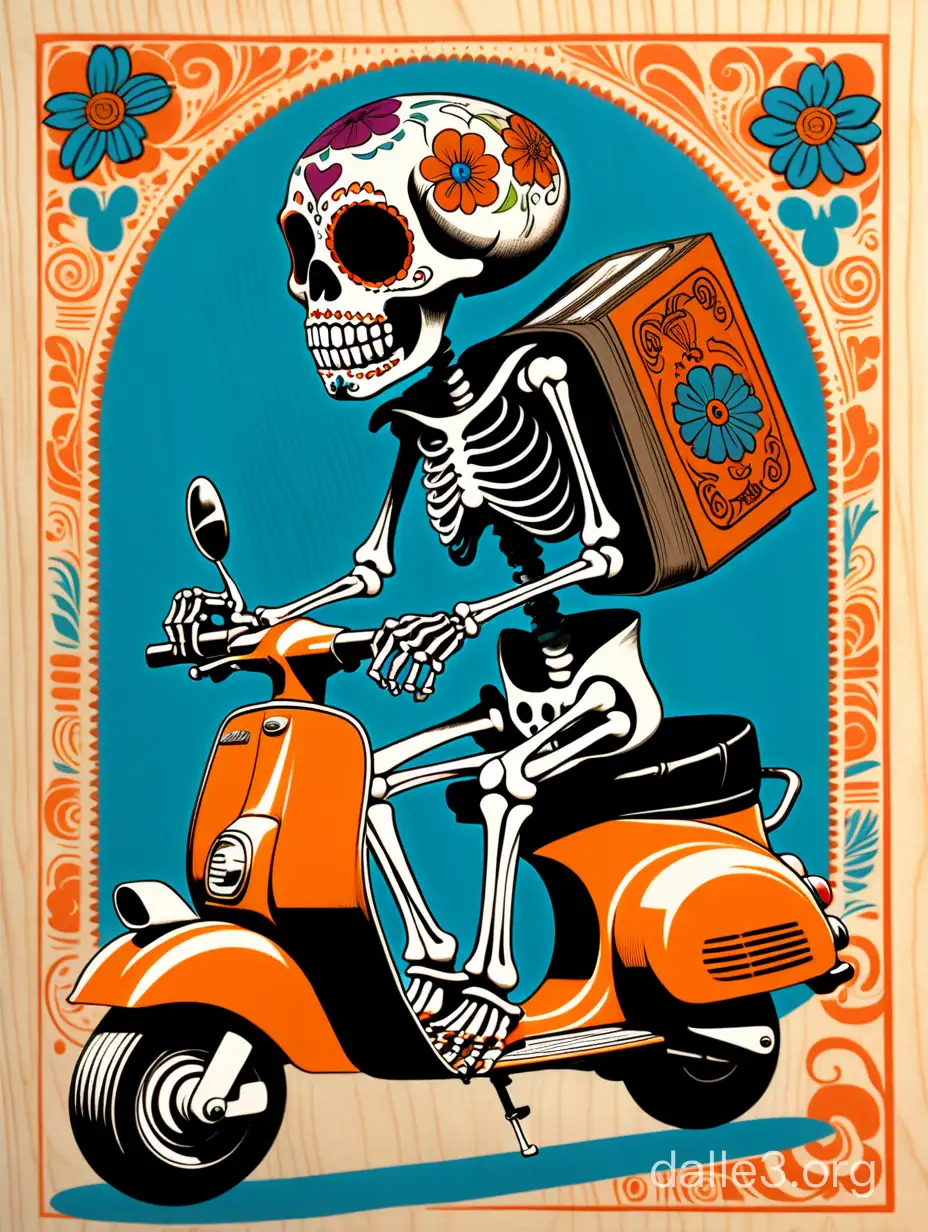 woodblock print of day of the dead skeleton riding a vespa