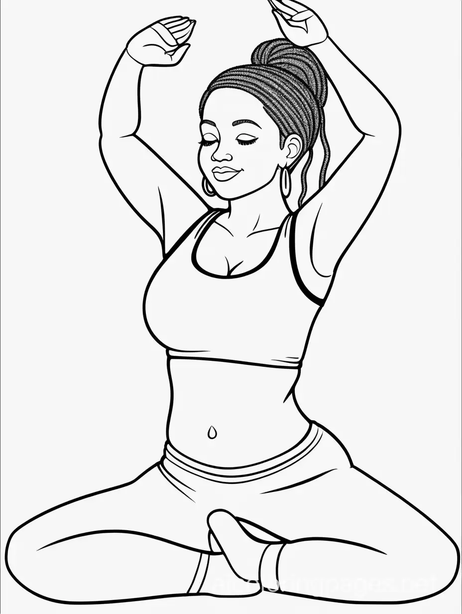 Curvy women black woman yoga pose, Coloring Page, black and white, line art, white background, Simplicity, Ample White Space. The background of the coloring page is plain white to make it easy for young children to color within the lines. The outlines of all the subjects are easy to distinguish, making it simple for kids to color without too much difficulty