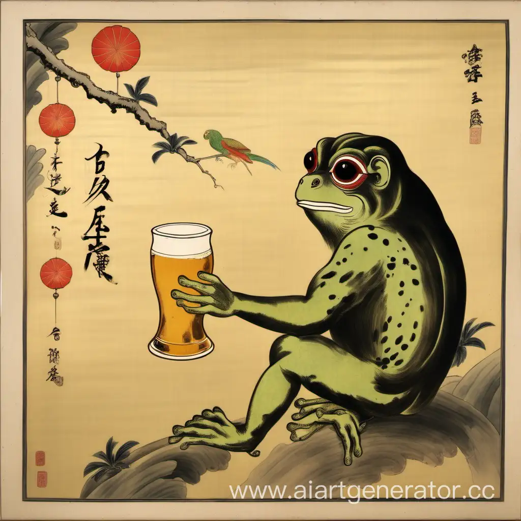 Жаба обезьяна Попугай с пивом в стиле японской живописи 17 века