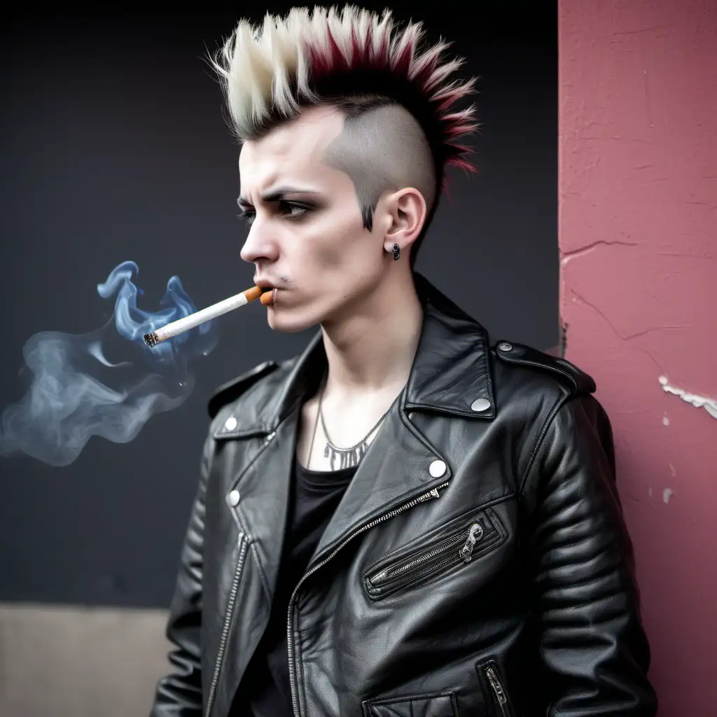 Dark haired thin punk wearing a leather jacket with a mowhawk and a cigarette 